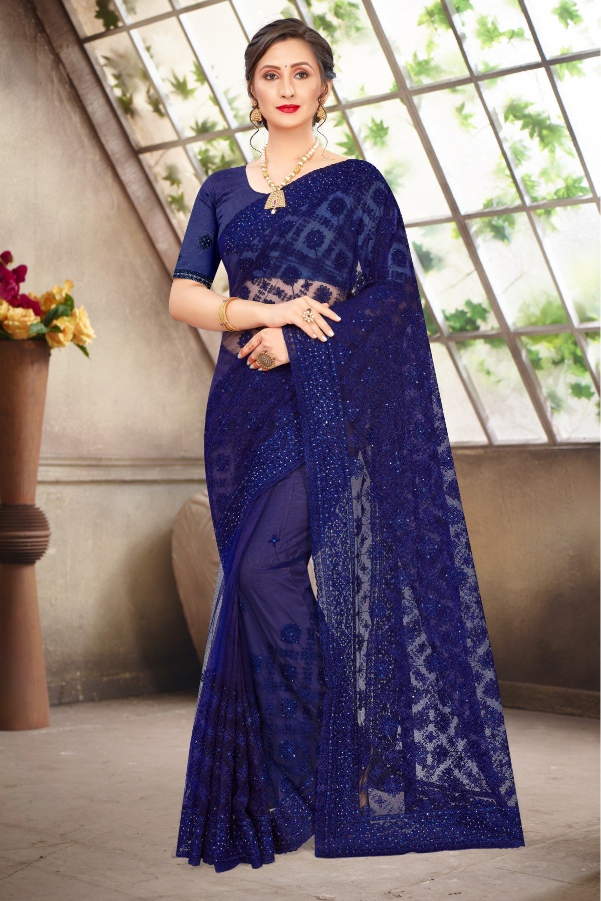Blue Colour Net Embroidery Saree VSSD1090374