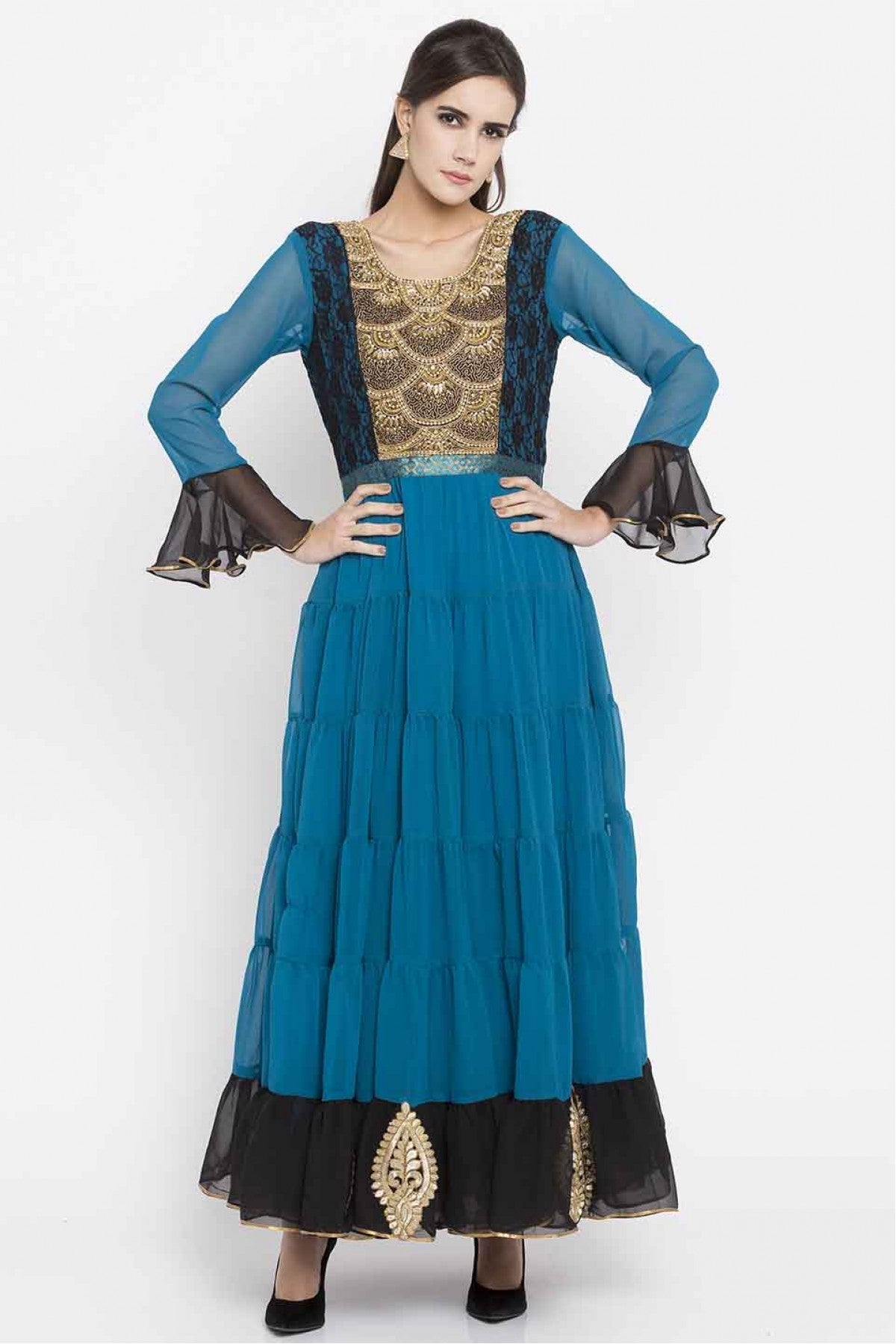Blue Colour Plus Size Faux Georgette Embroidery Kurti