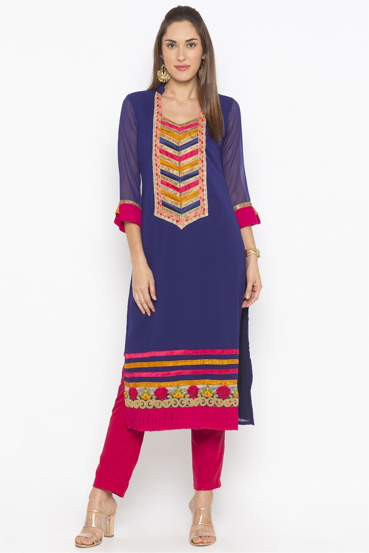 Blue Colour Plus Size Georgette Embroidery Kurta Set