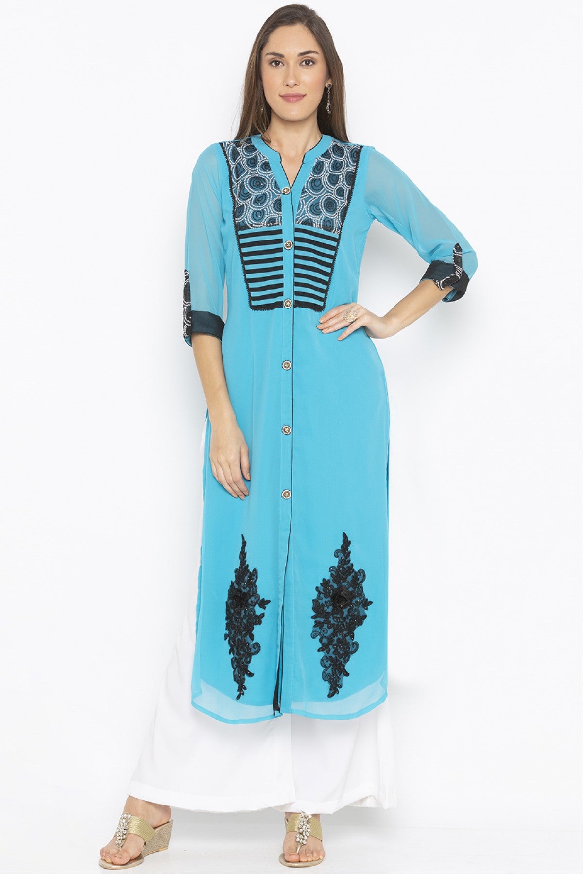 Blue Colour Plus Size Georgette Embroidery Kurta Set
