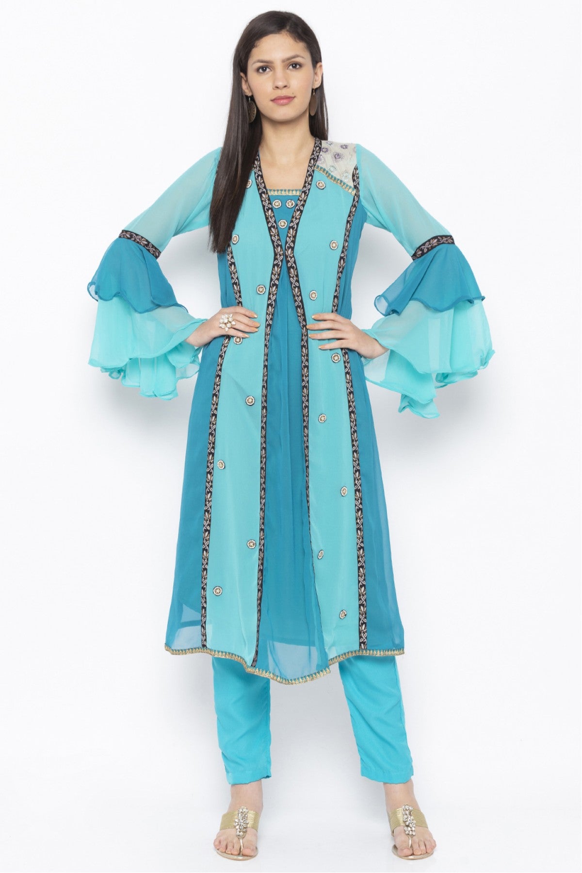 Blue Colour Plus Size Georgette Embroidery Kurta Set