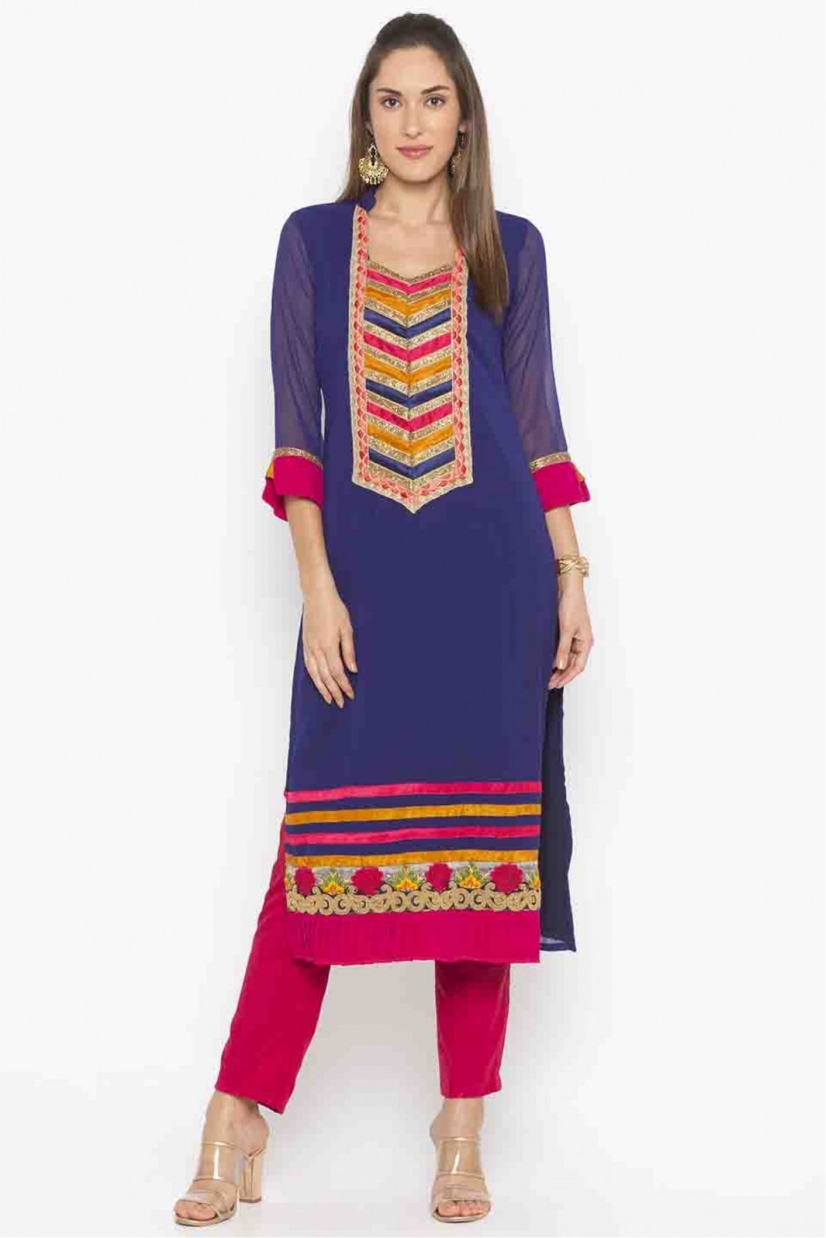 Blue Colour Plus Size Georgette Embroidery Kurti