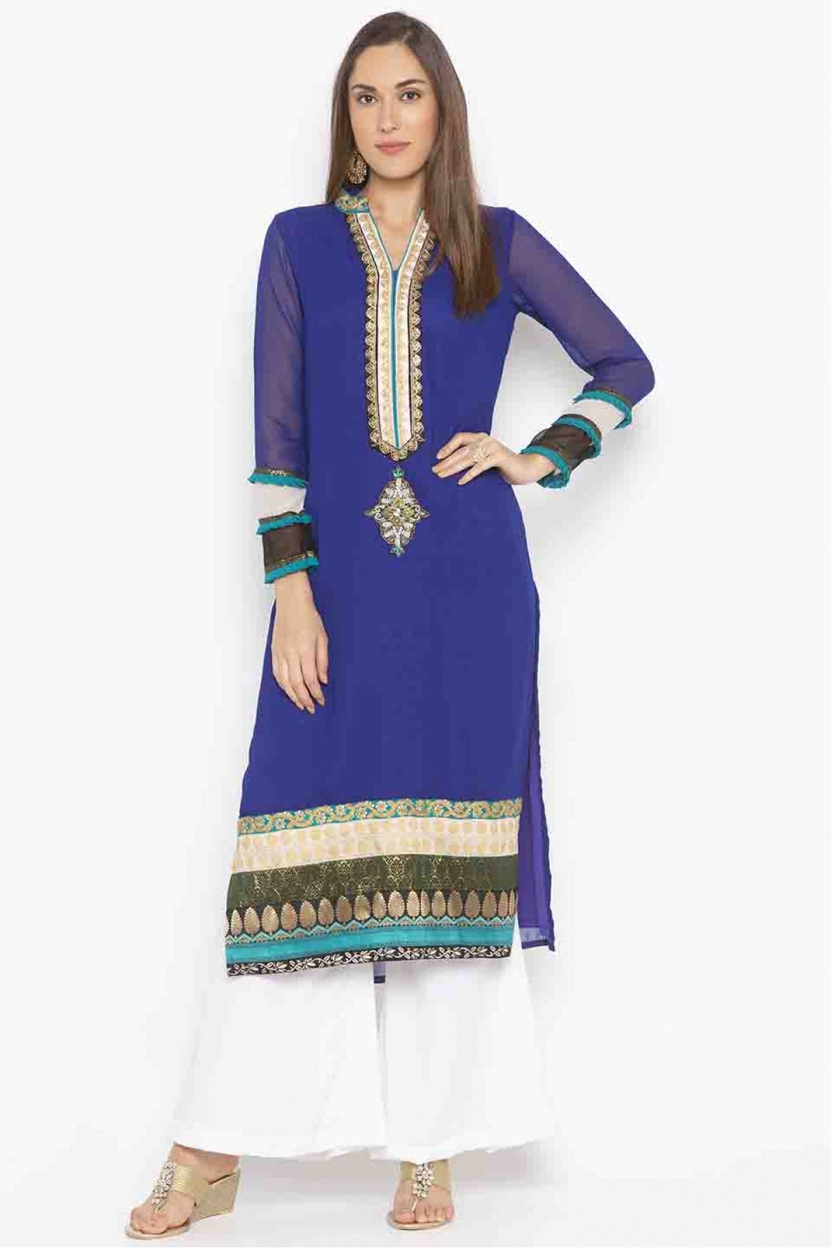 Blue Colour Plus Size Georgette Embroidery Kurti