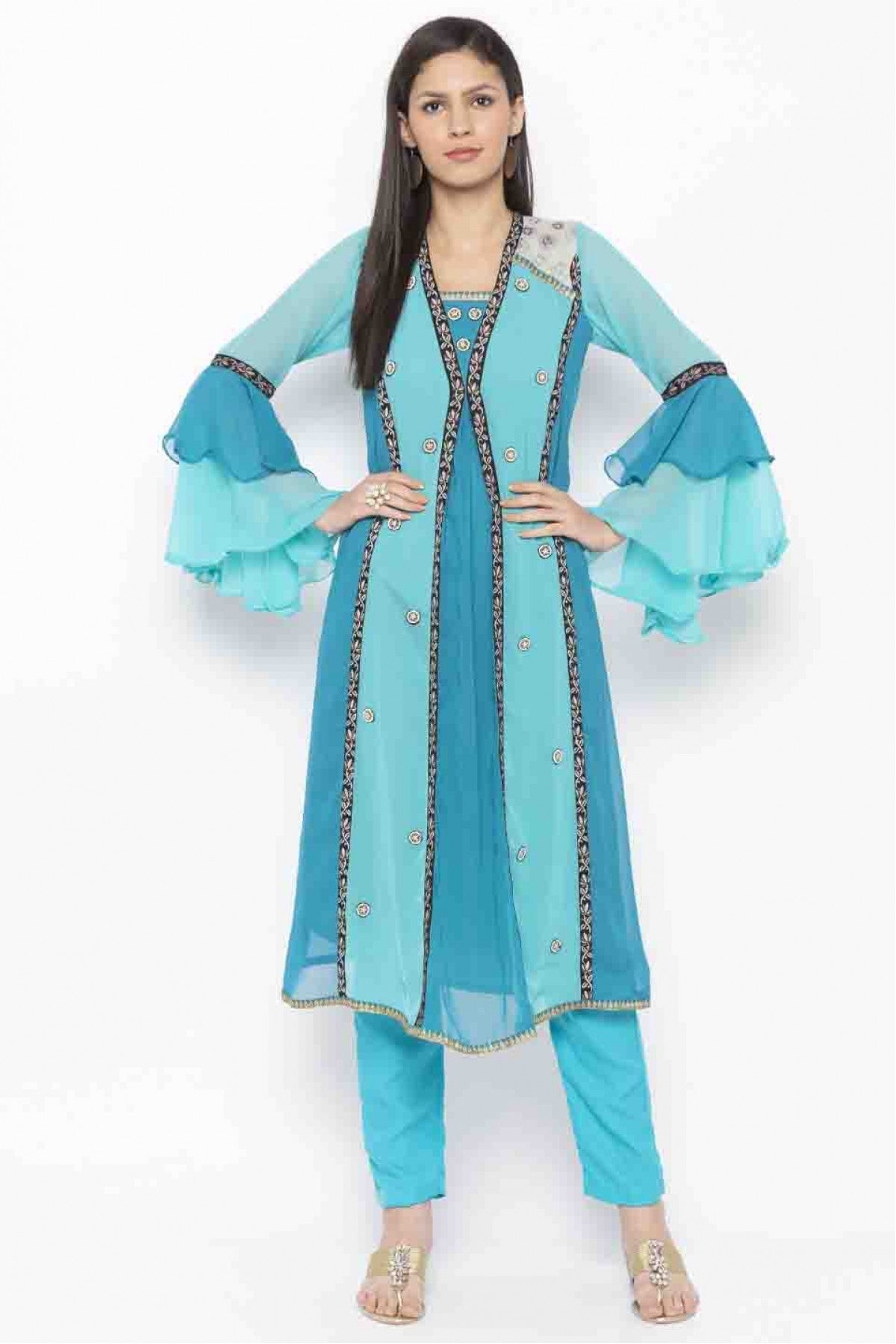 Blue Colour Plus Size Georgette Embroidery Kurti