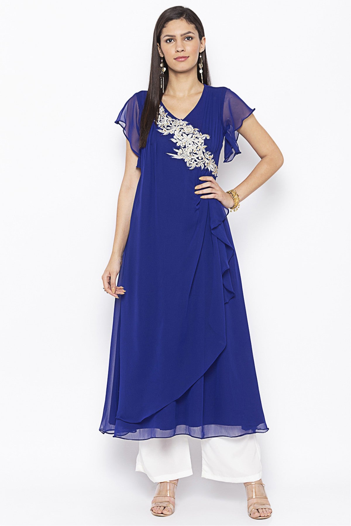 Blue Colour Plus Size Georgette Embroidery Kurti