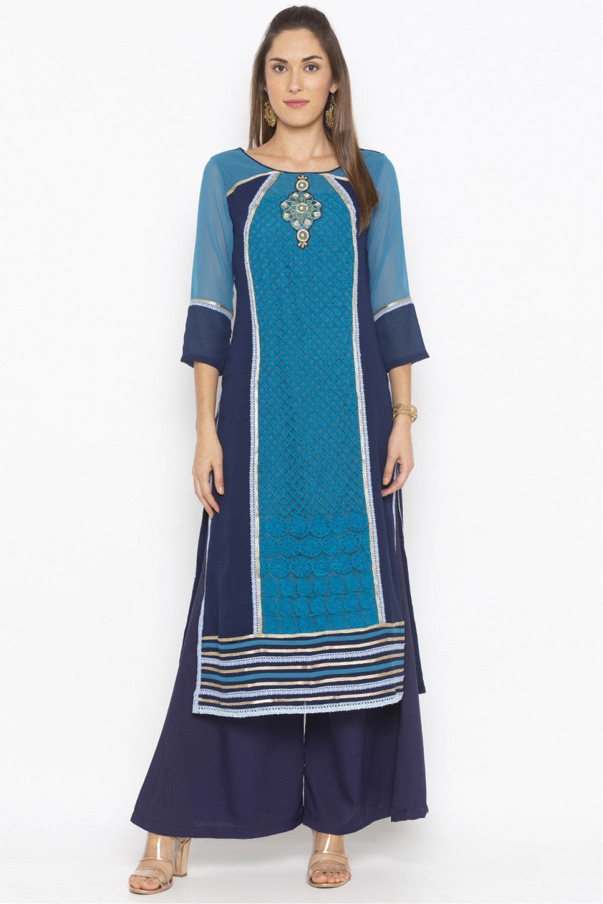 Blue Colour Plus Size Georgette Embroidery Kurti