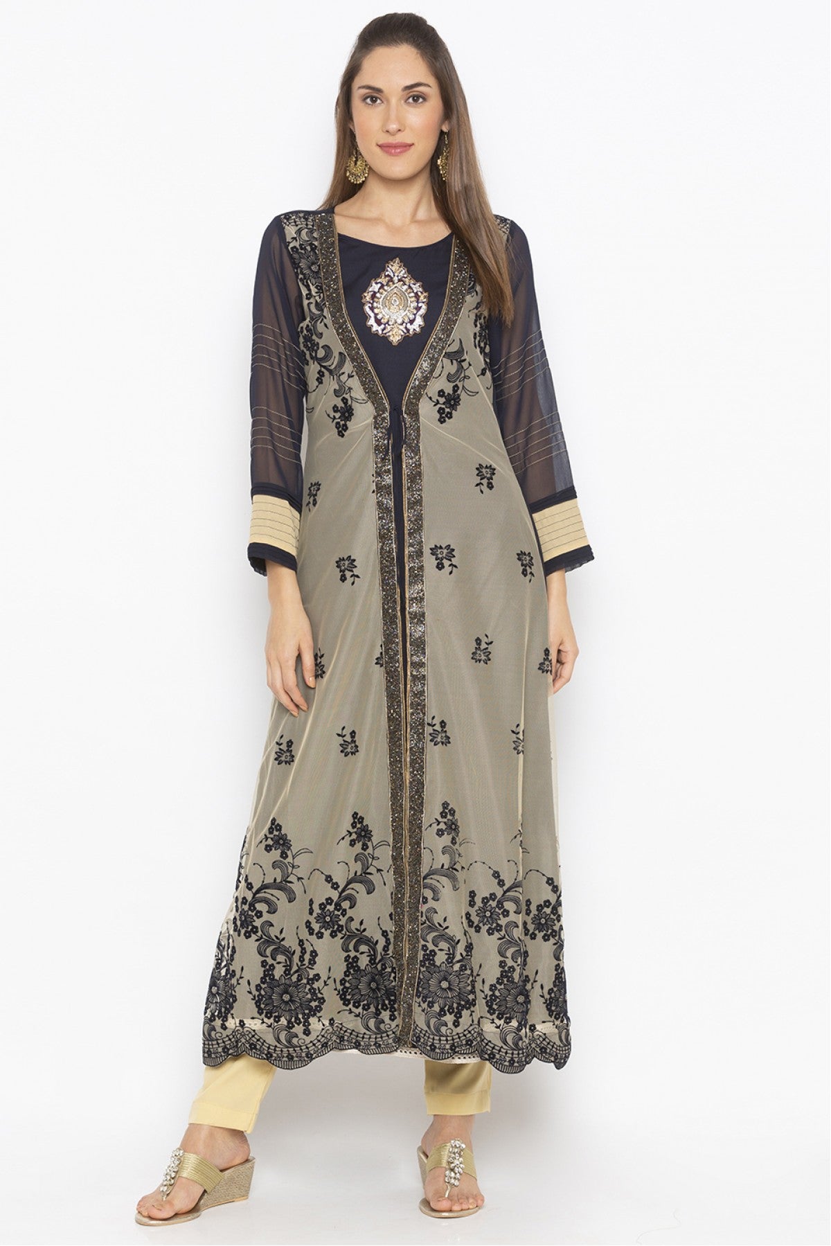 Blue Colour Plus Size Net Embroidery Kurta Set