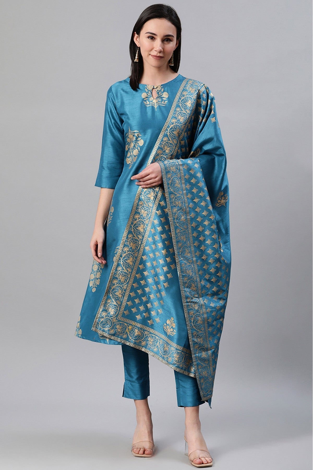 Blue Colour Plus Size Polyester Foil Print Kurti Pant And Dupatta Set VSKR1060172