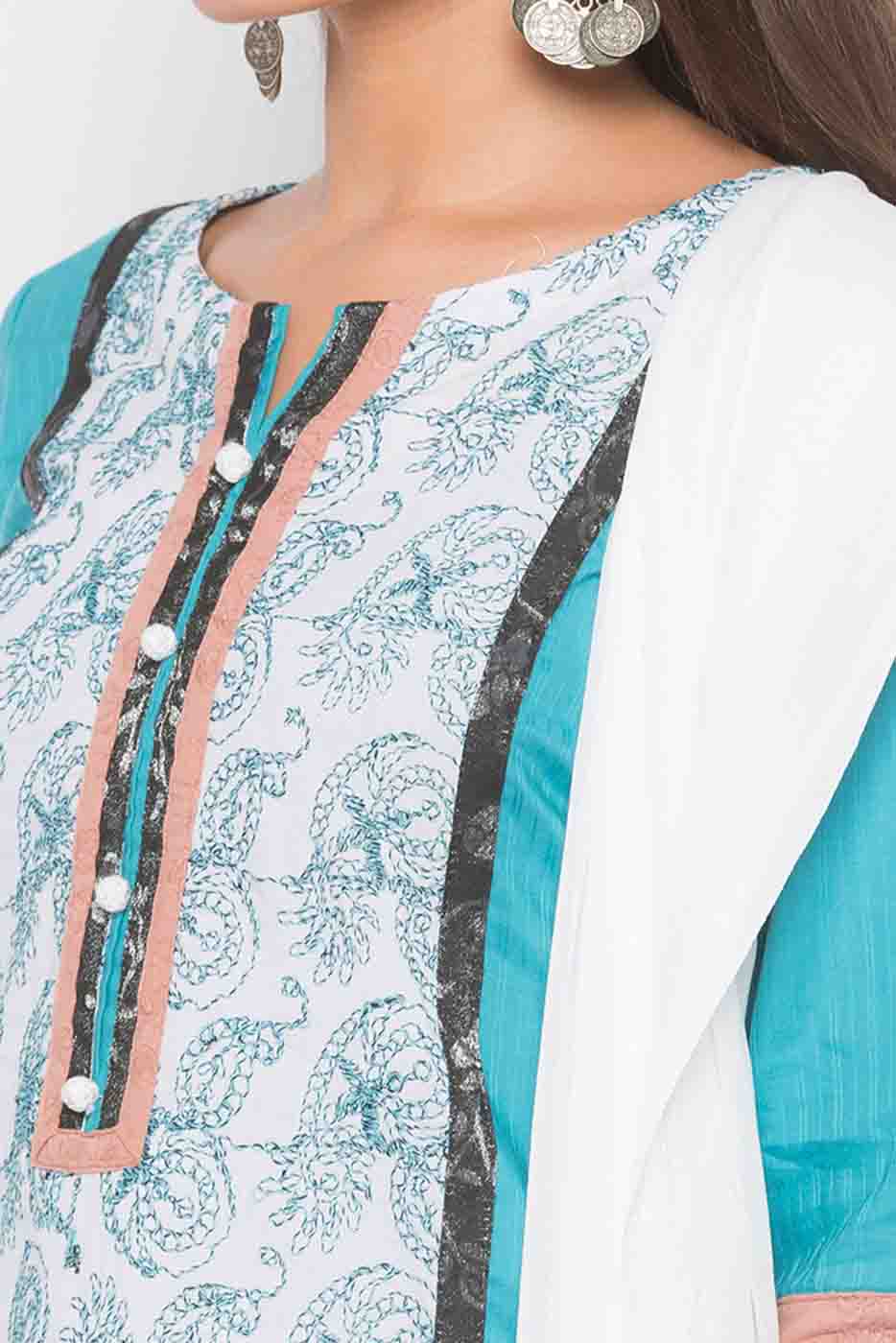 Blue Colour Plus Size Stitched Cotton Embroidery Pant Style Suit VSSS1070268