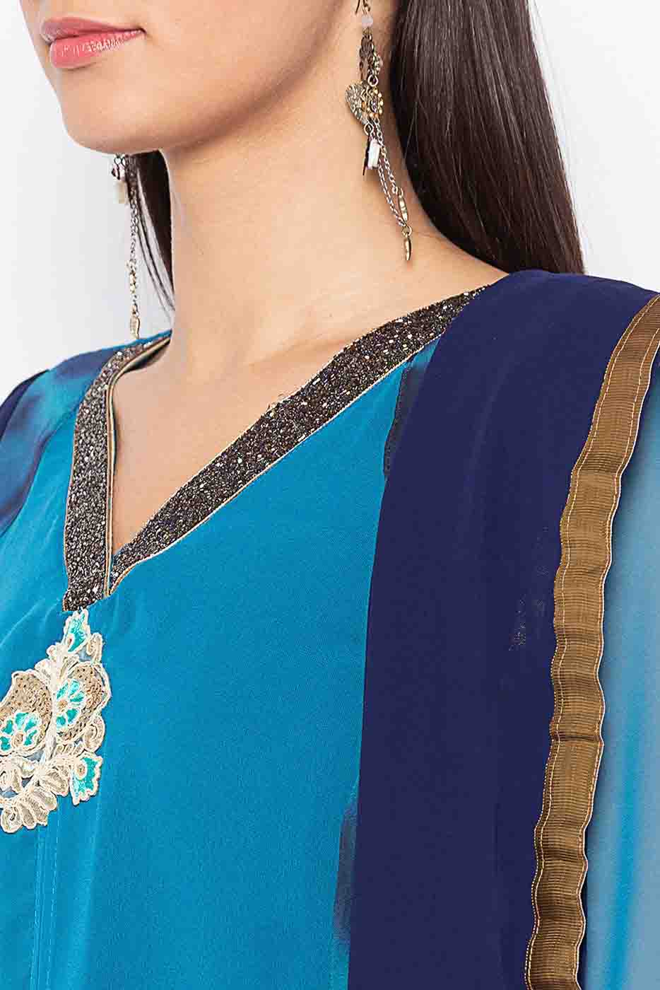 Blue Colour Plus Size Stitched Georgette Embroidery Pant Style Suit VSSS1070240