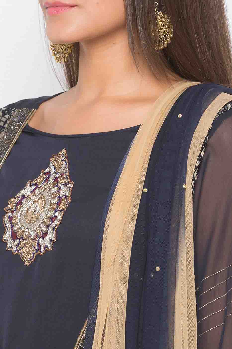 Blue Colour Plus Size Stitched Net Embroidery Palazzo Pant Suit VSSS1070274