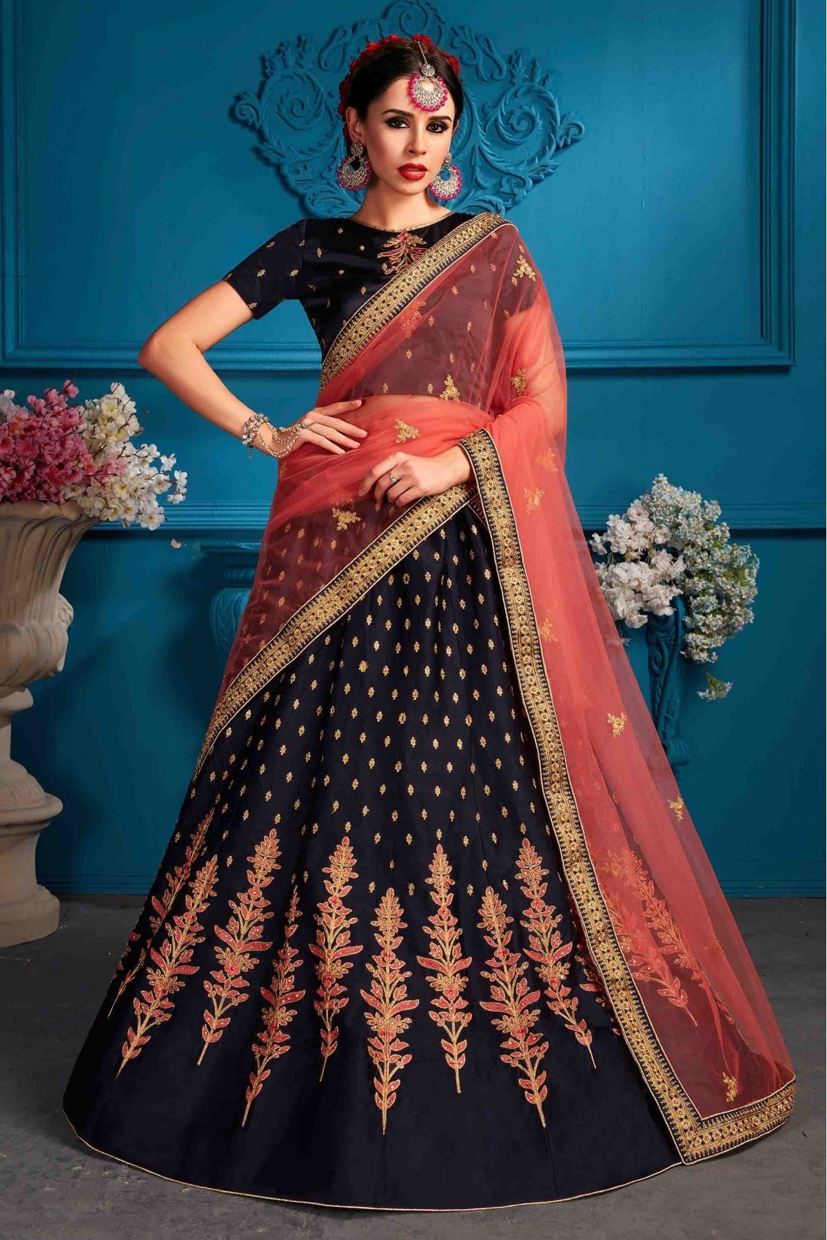 Blue Colour Satin Embroidery Lehenga Choli VSLC1080459