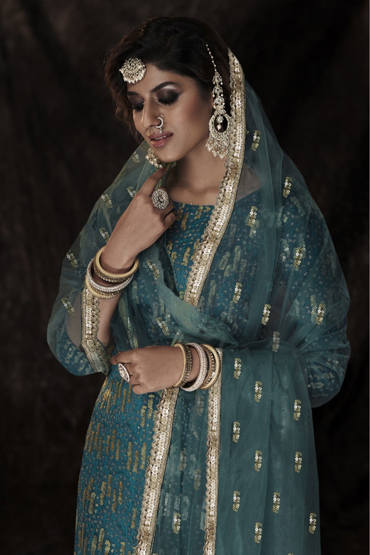 Blue Colour Soft Net Sequins Work Sharara Suit VSSM1080659