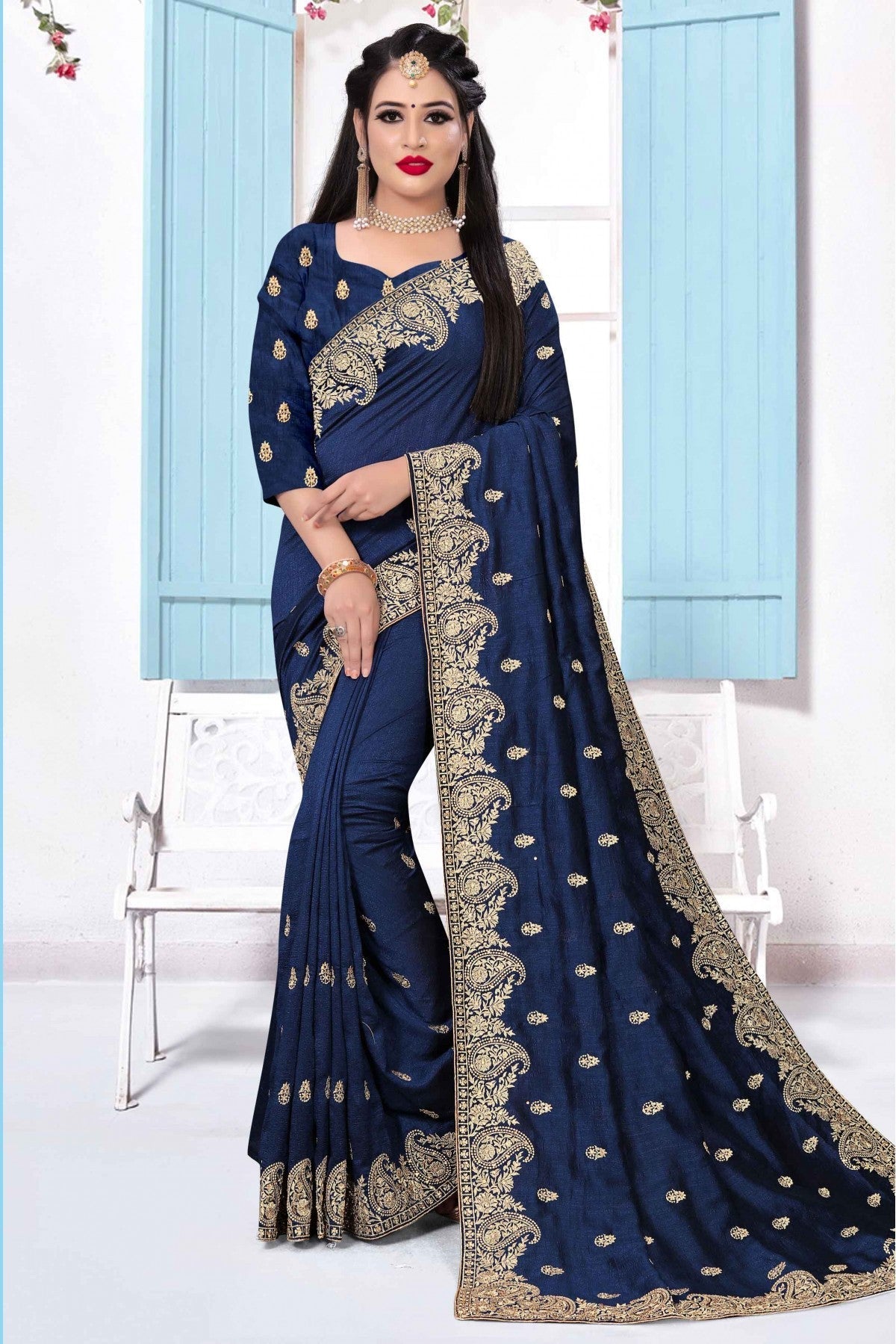 Blue Colour Vichitra Silk Embroidery Saree VSSD1090145