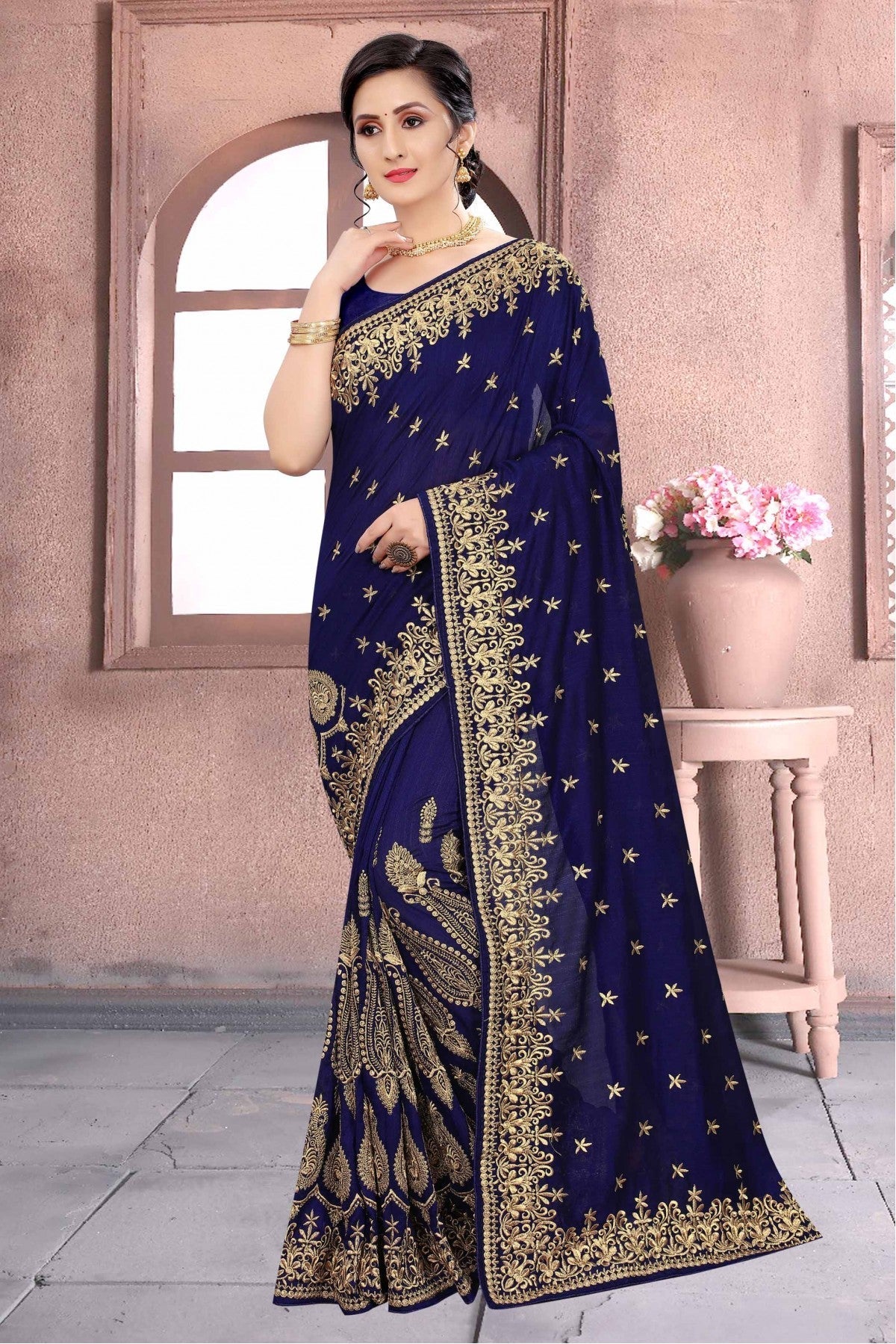 Blue Colour Vichitra Silk Embroidery Saree VSSD1120162