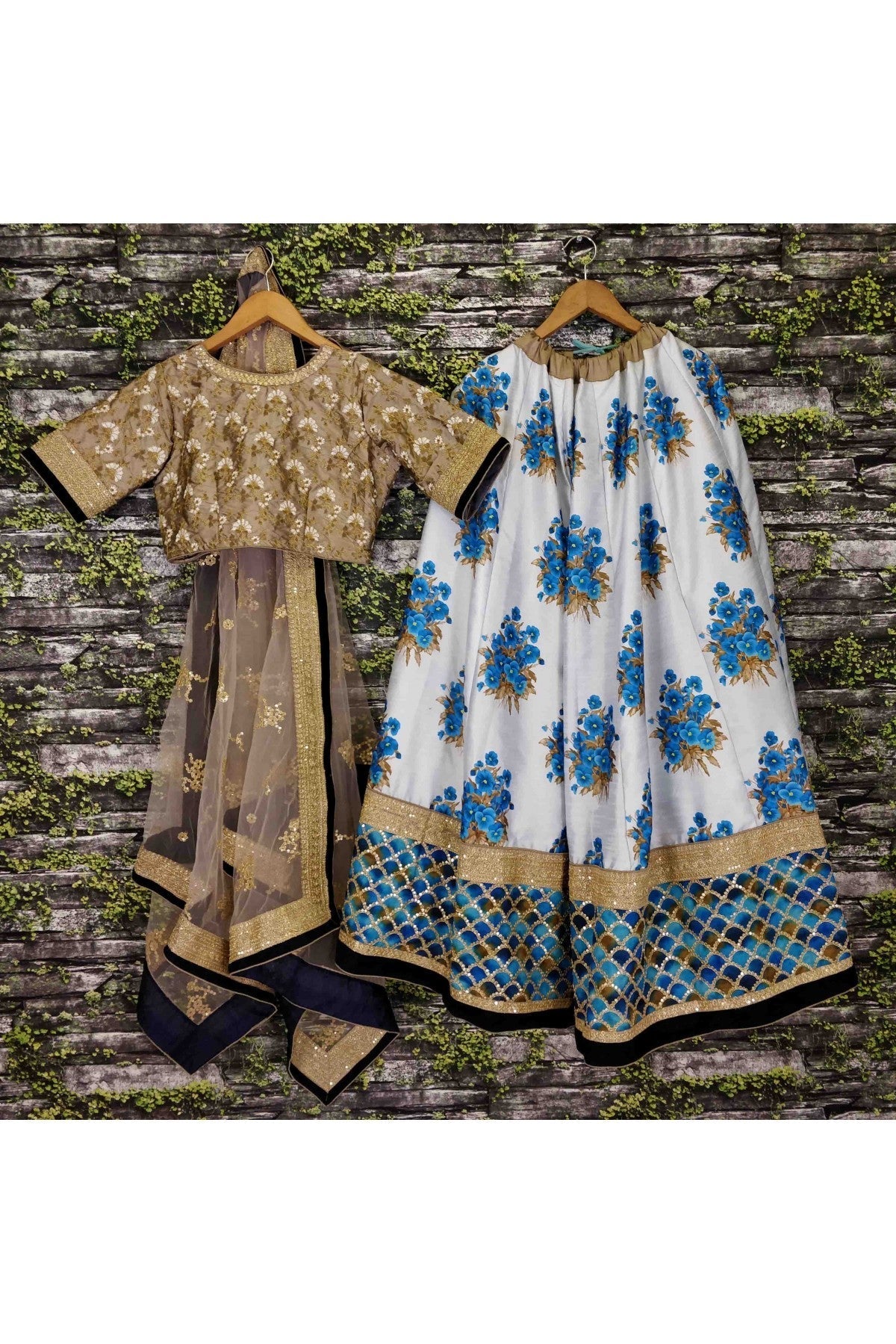 Blue and Off White Colour Art Silk and Banglori Silk Lehenga Choli VSLC1010004