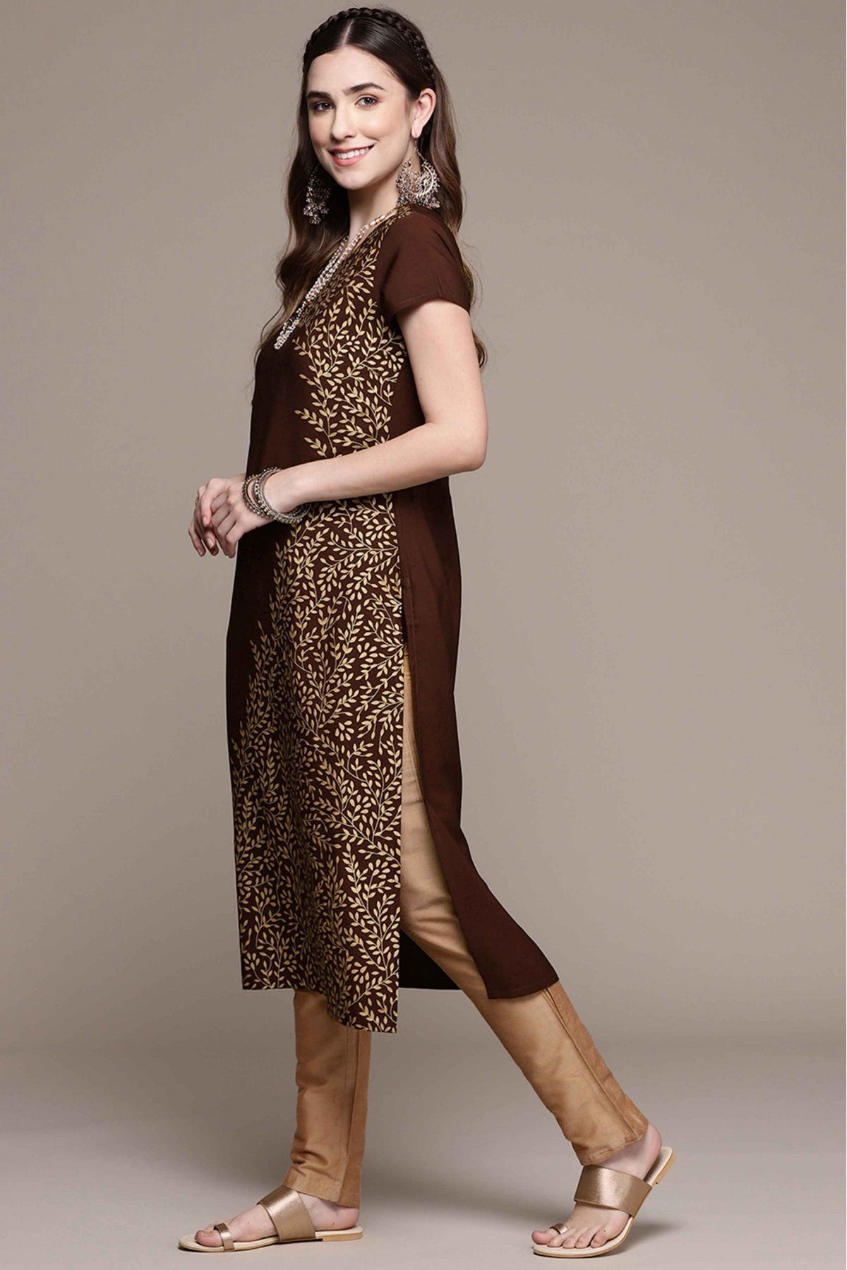 Brown Colour Crepe Foil Print Kurti VSKR1060233