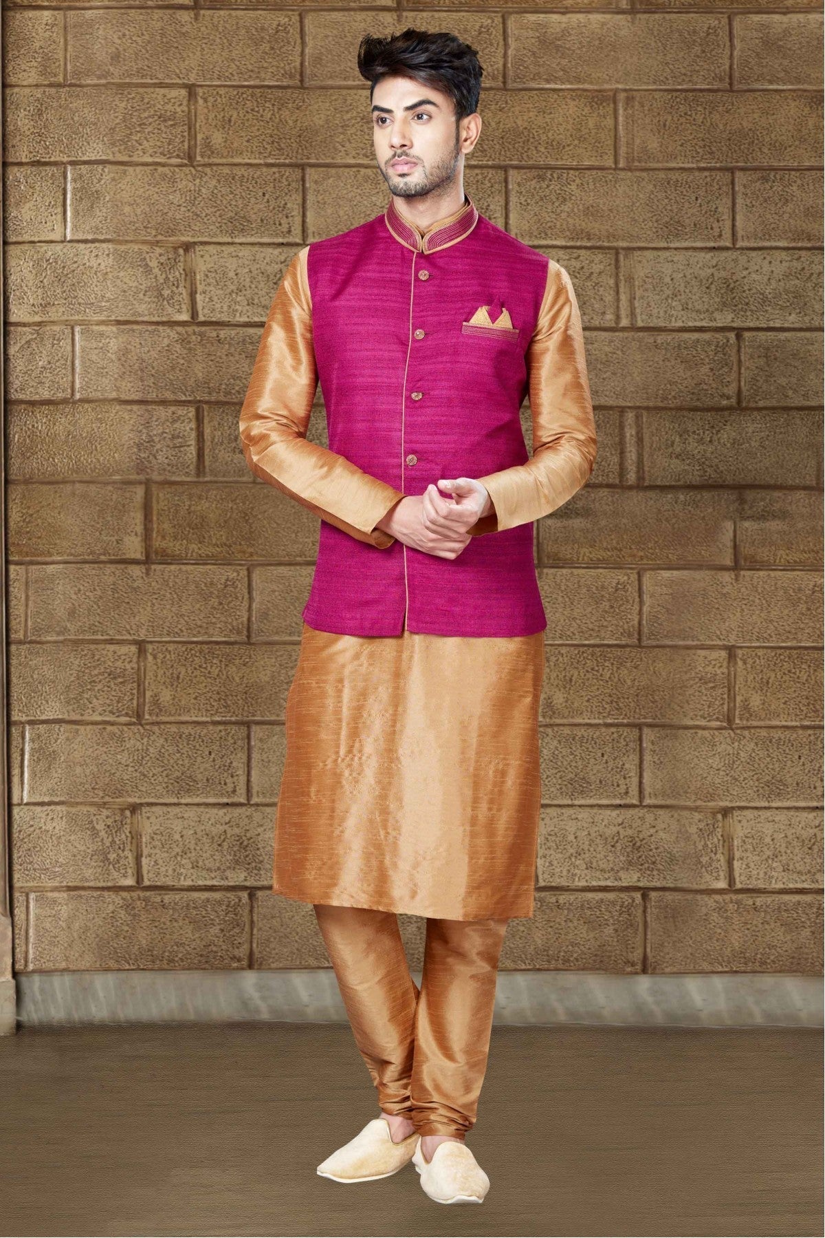 Brown Colour Kurta Pajama In Art Dhupion Fabric VSKP1040022