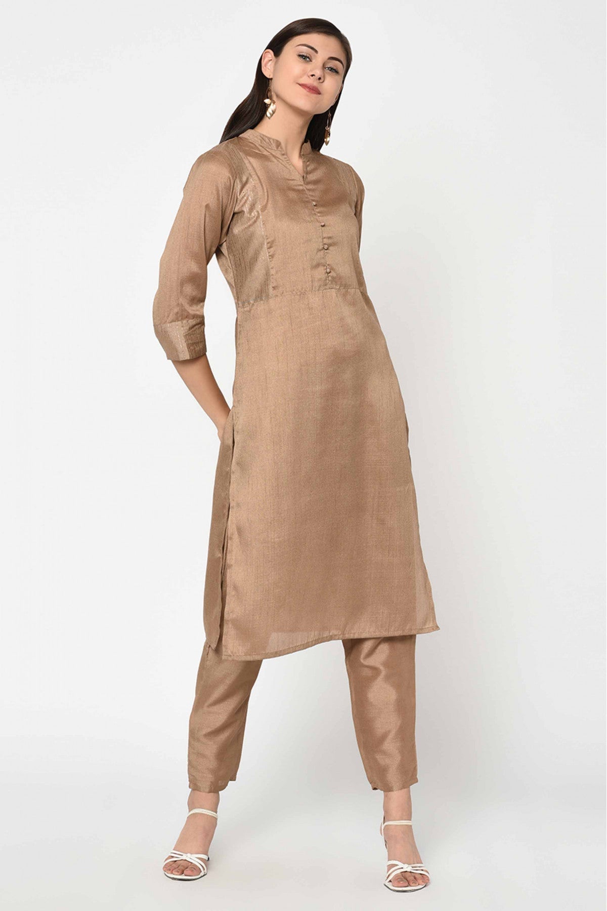 Brown Colour Poly Silk Printed Kurta With Pant VSKR1060153