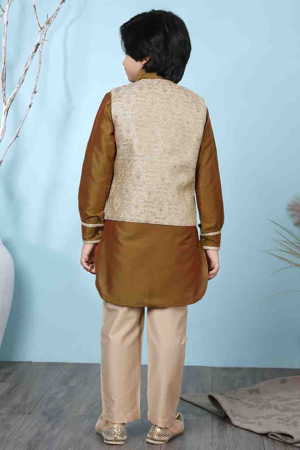 Brown and Beige Colour Cotton Silk Kurta Pajama With Jacket VSBW1070093