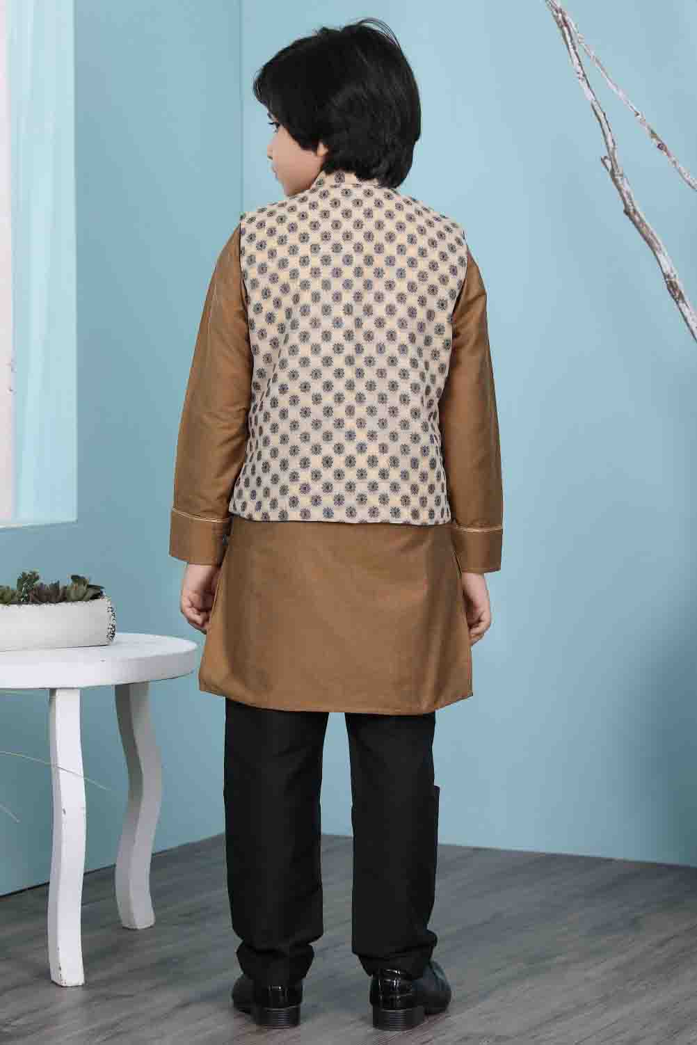 Brown and Beige Colour Cotton Silk Kurta Pajama With Jacket VSBW1070111