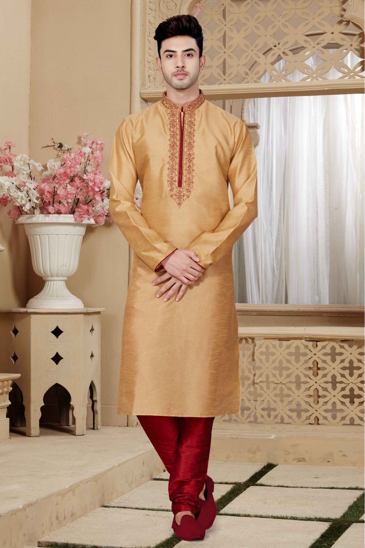 Brown and Beige Colour Kurta Pajama In Art Dhupion Fabric VSKP1040008
