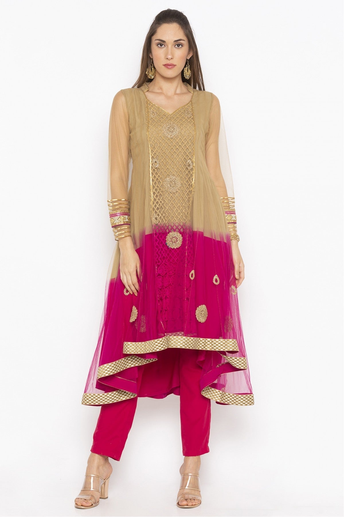 Brown and Pink Colour Plus Size Net Embroidery Kurta Set VSKR1070461