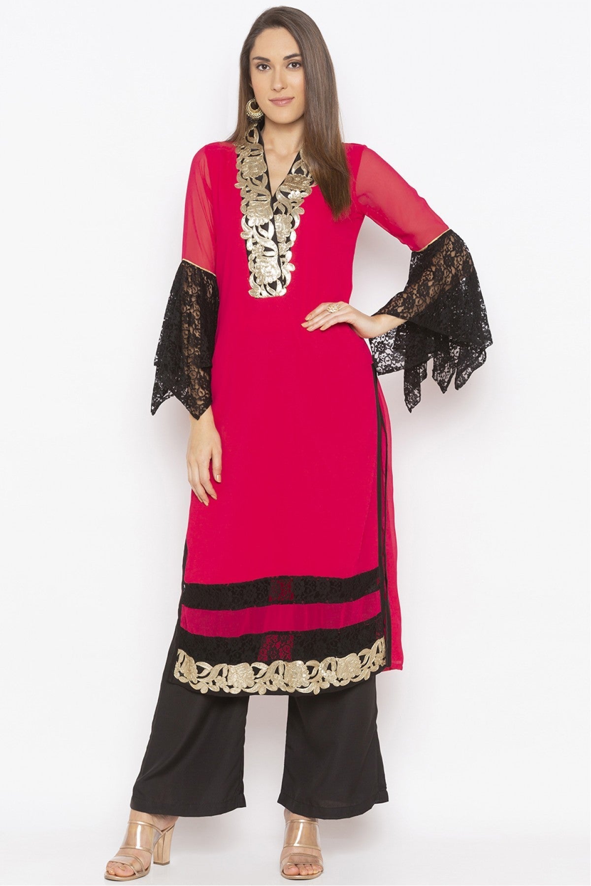Coral Colour Plus Size Georgette Embroidery Kurta Set