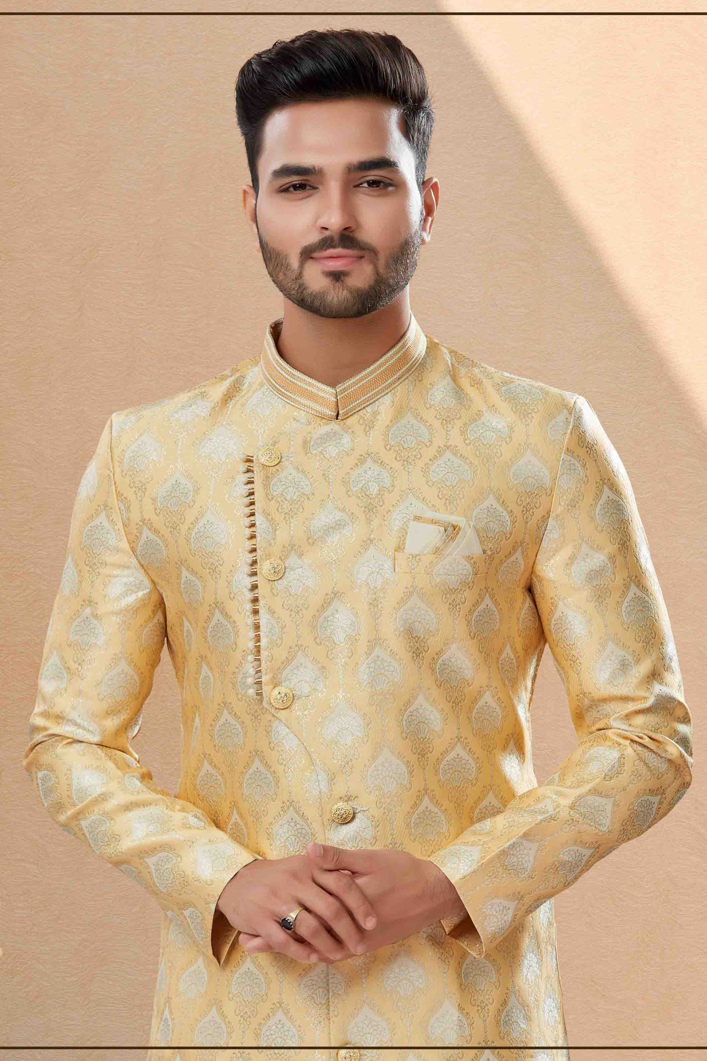 Cream Colour Dhoti Sherwani In Banarasi Jacquard Fabric VSSH1040399