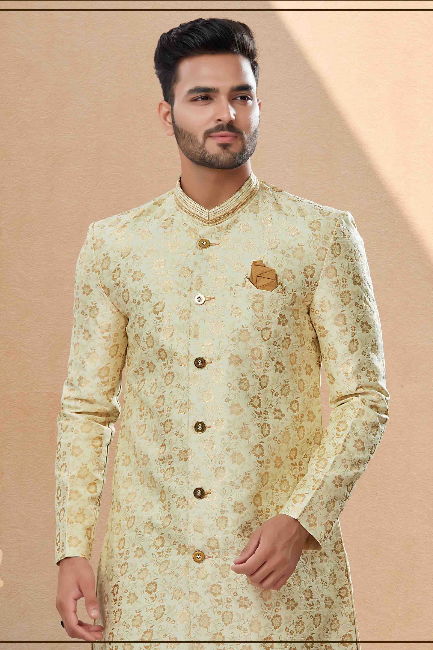 Cream Colour Dhoti Sherwani In Banarasi Jacquard Fabric VSSH1040405