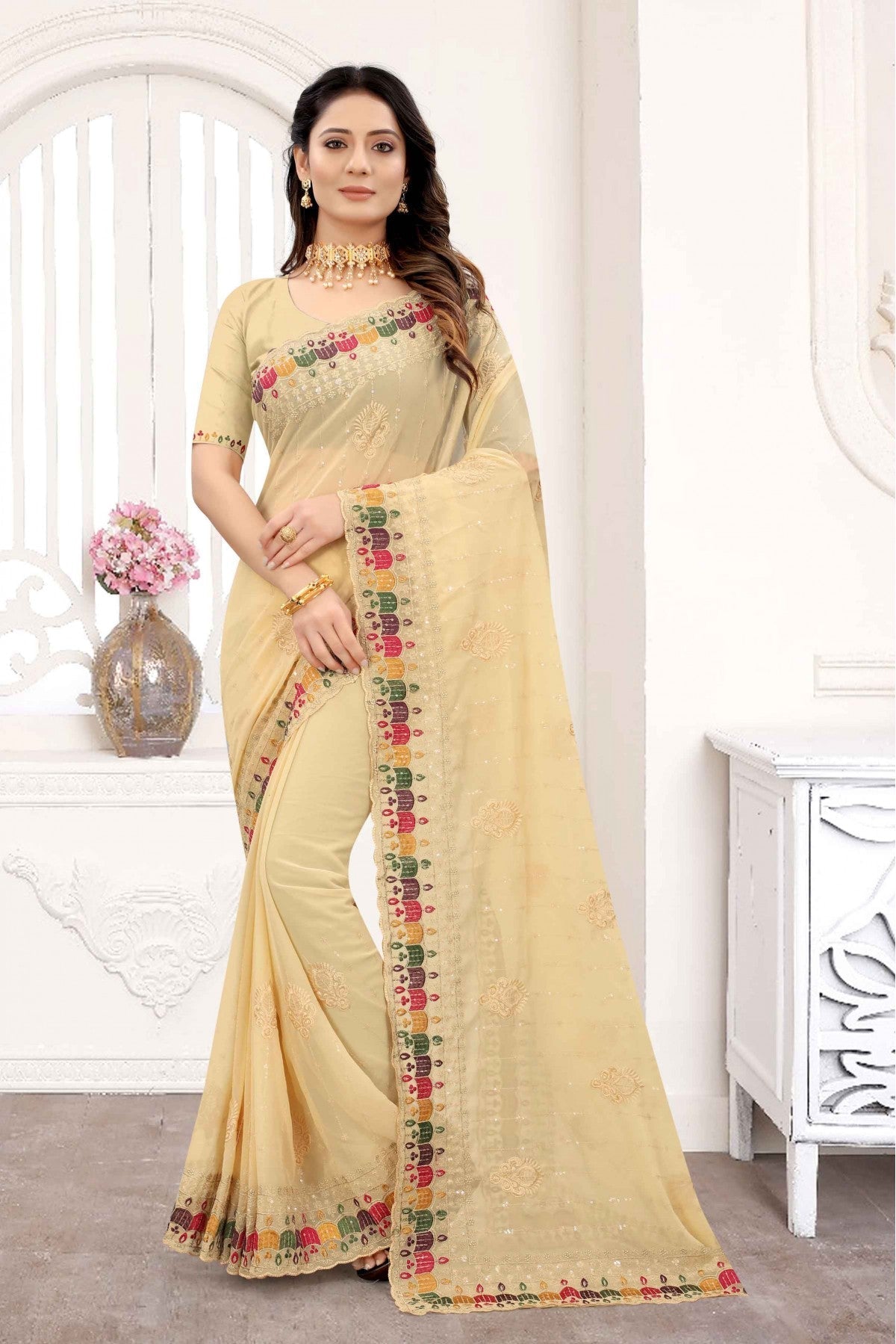 Cream Colour Georgette Embroidery Saree VSSD1090281