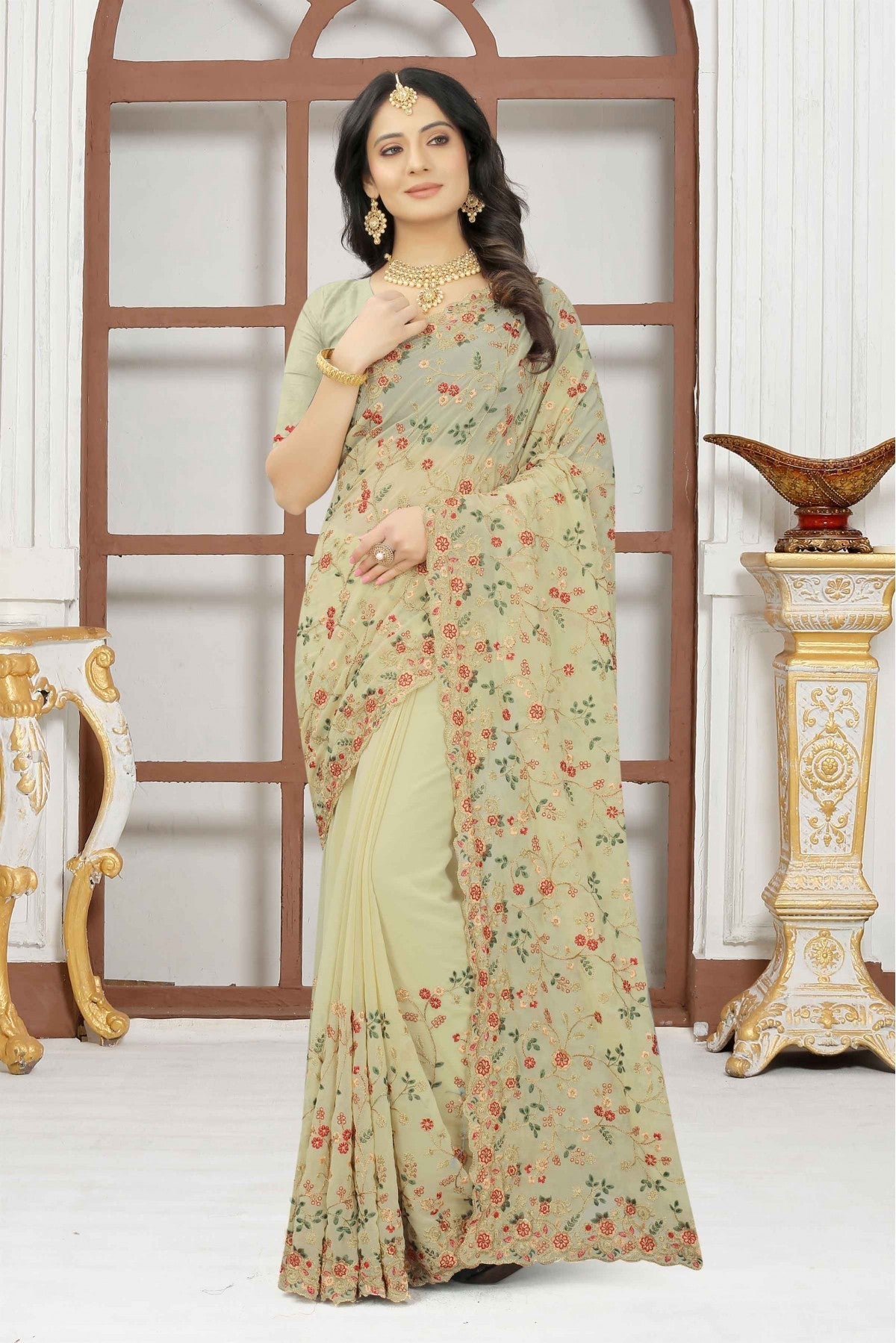 Cream Colour Georgette Embroidery Saree VSSD1090319