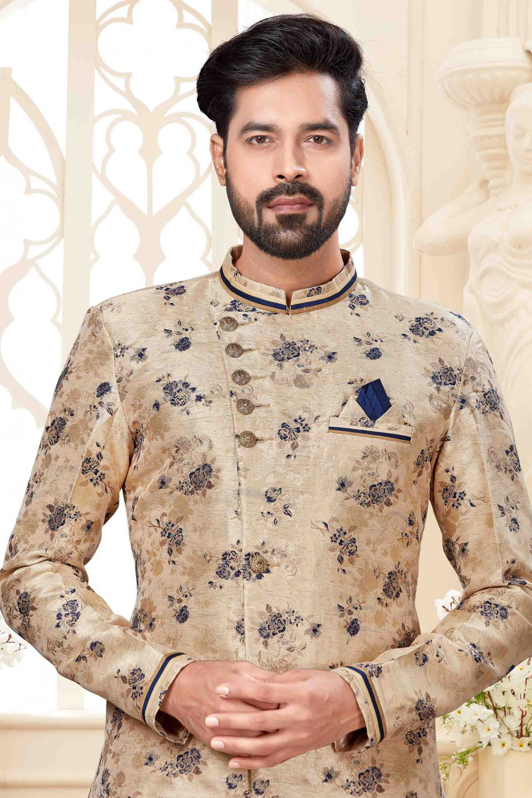 Cream Colour Jacquard Dhoti Sherwani VSSH1040240