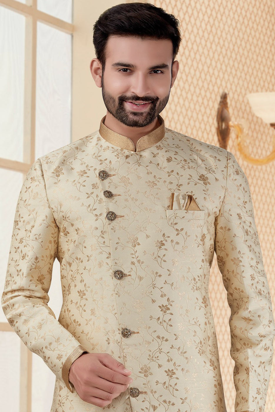 Cream Colour Jacquard Dhoti Sherwani VSSH1040260