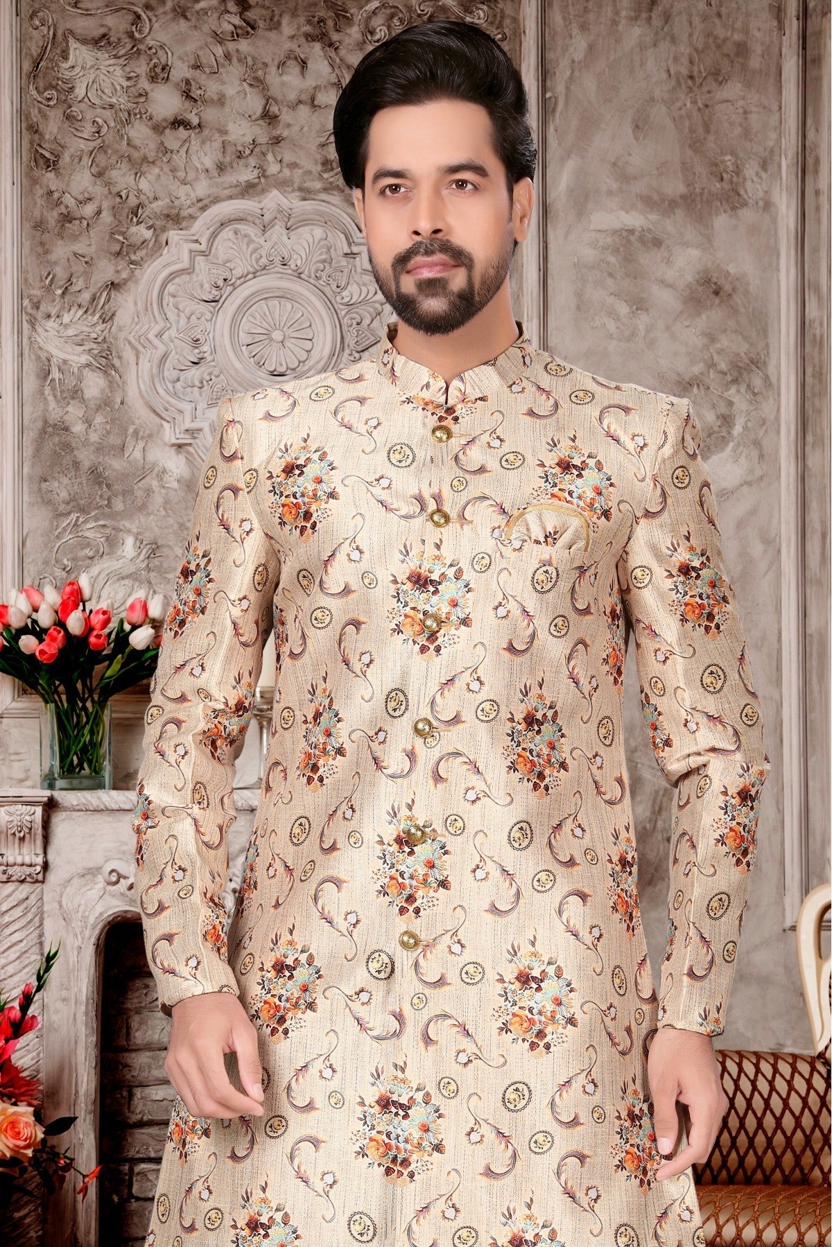 Cream Colour Jacquard Dhoti Sherwani VSSH1040289