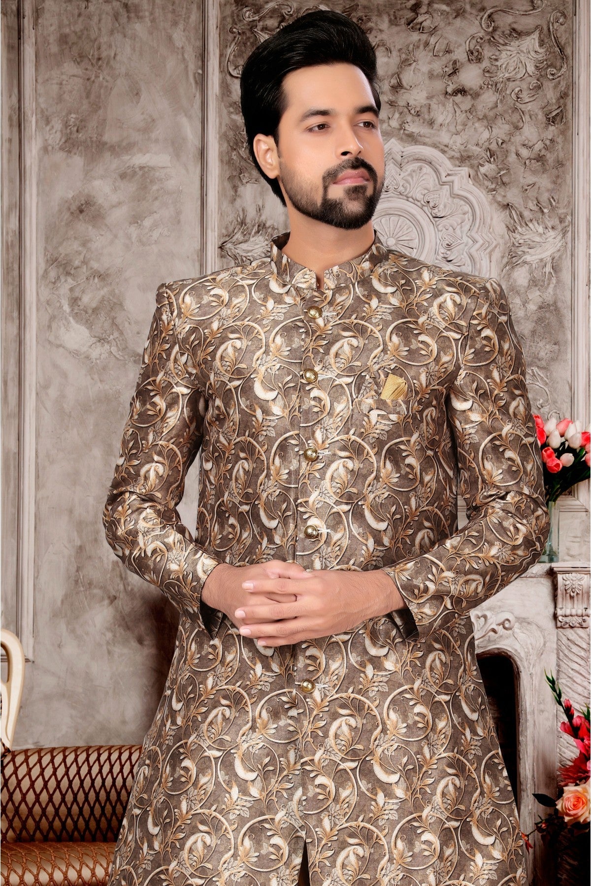 Cream Colour Jacquard Dhoti Sherwani VSSH1040292