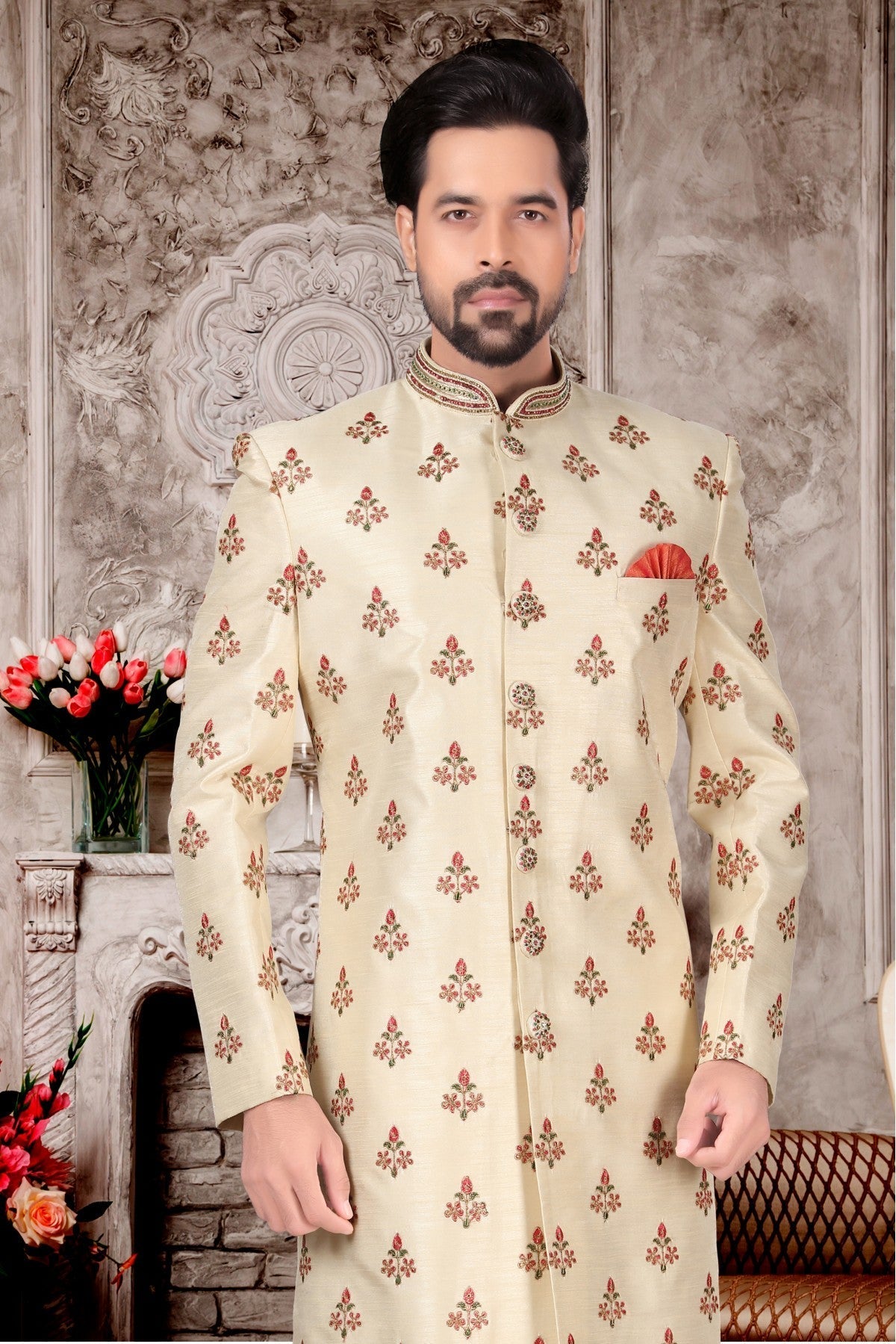 Cream Colour Jacquard Sherwani VSSH1040279