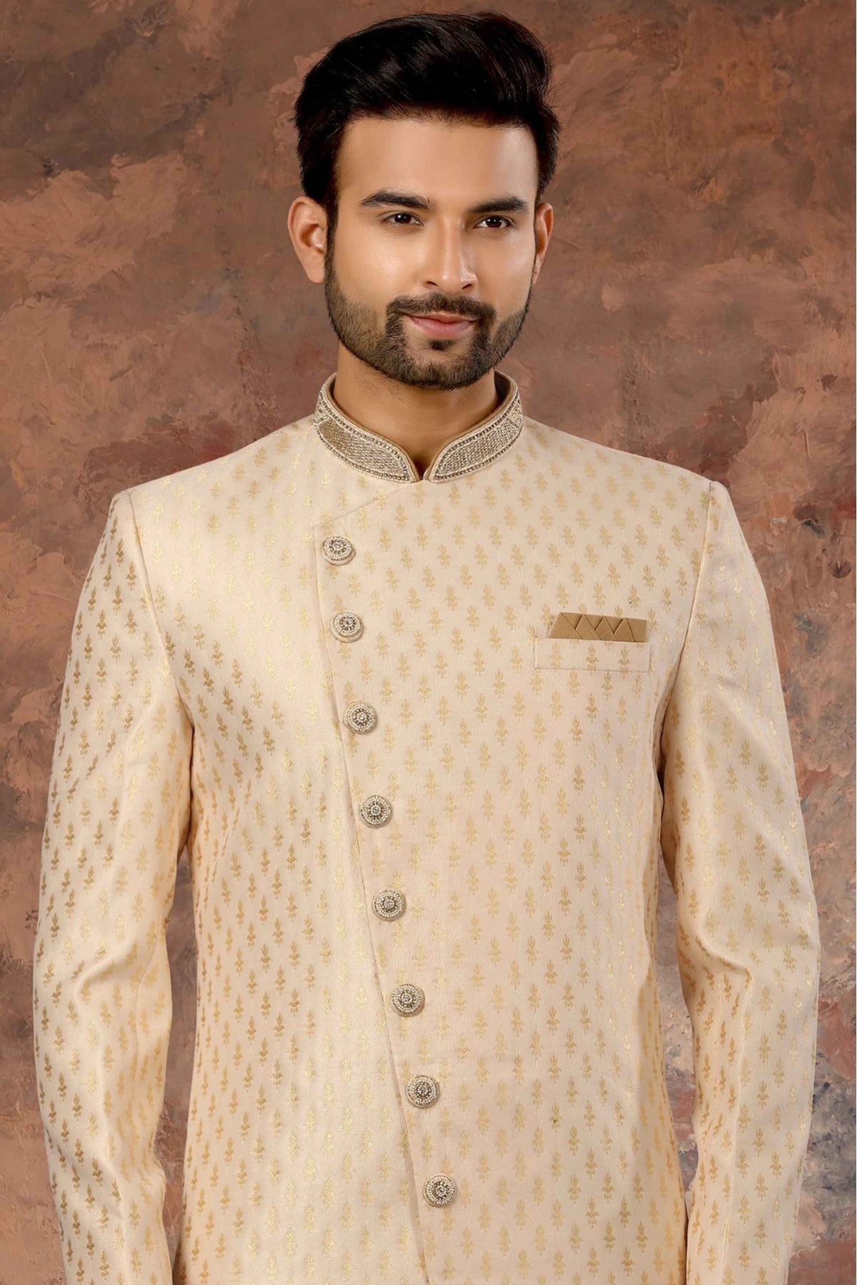 Cream Colour Jacquard Woven Sherwani VSSH1040316