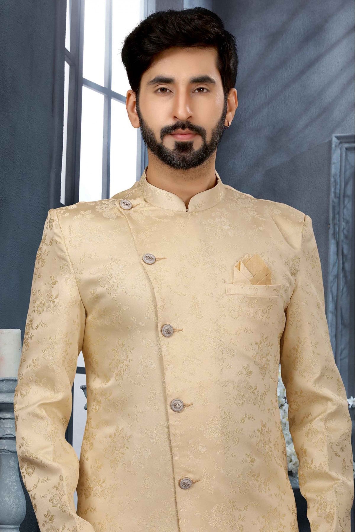 Cream Colour Jacquard Woven Sherwani VSSH1040323