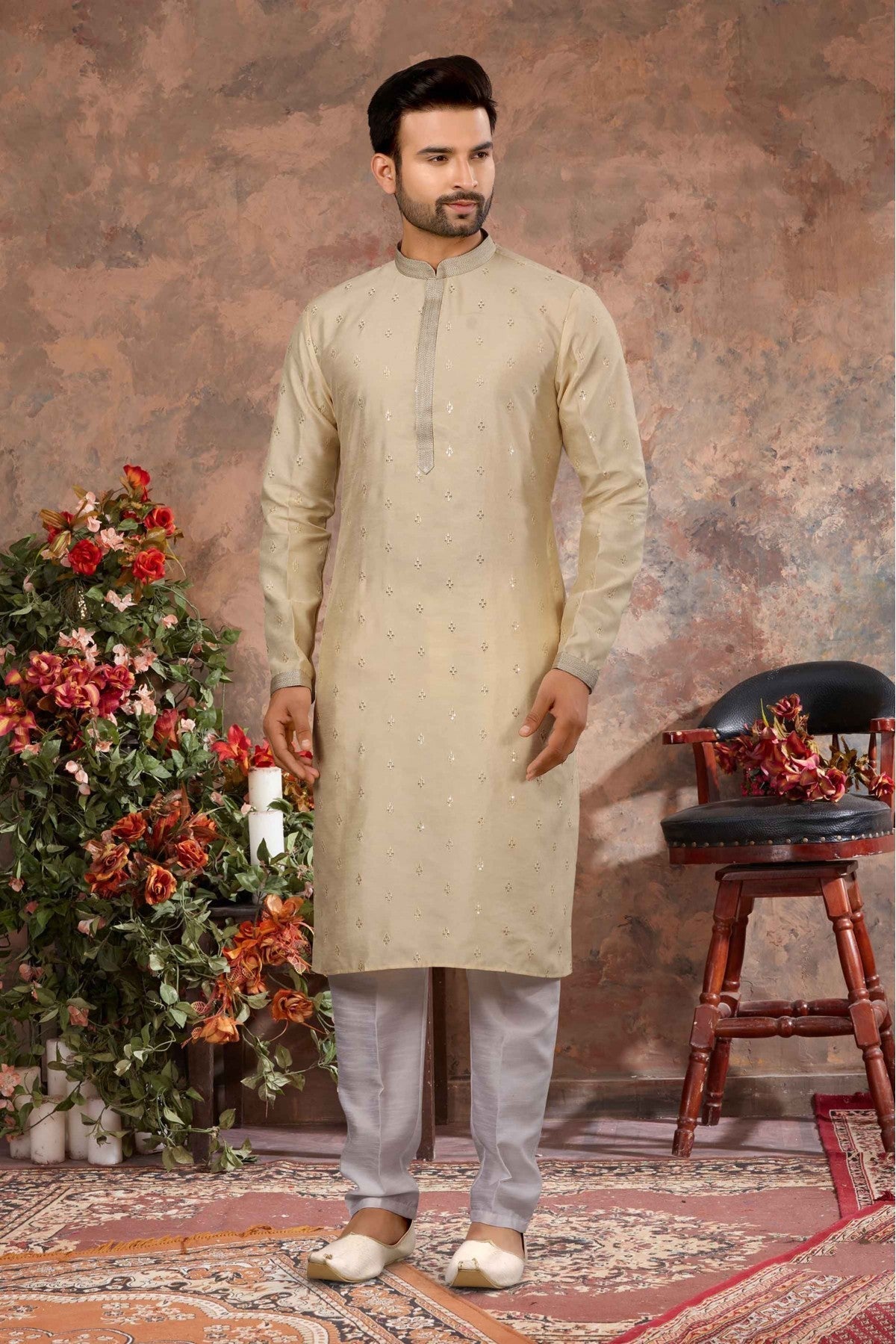 Cream Colour Kurta Pajama In Silk Fabric VSKP1040155