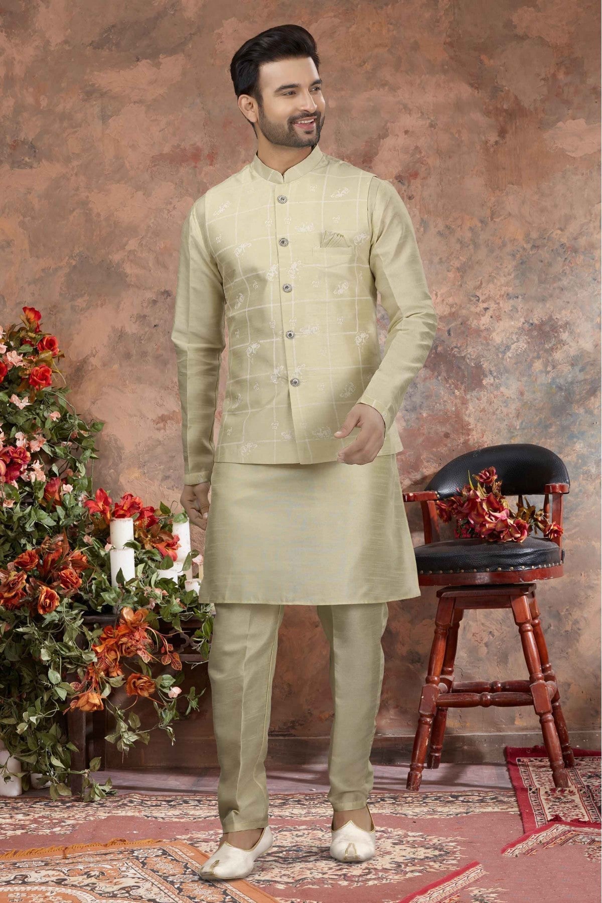 Cream Colour Kurta Pajama With Jacket In Silk Dupion Fabric VSKP1040188