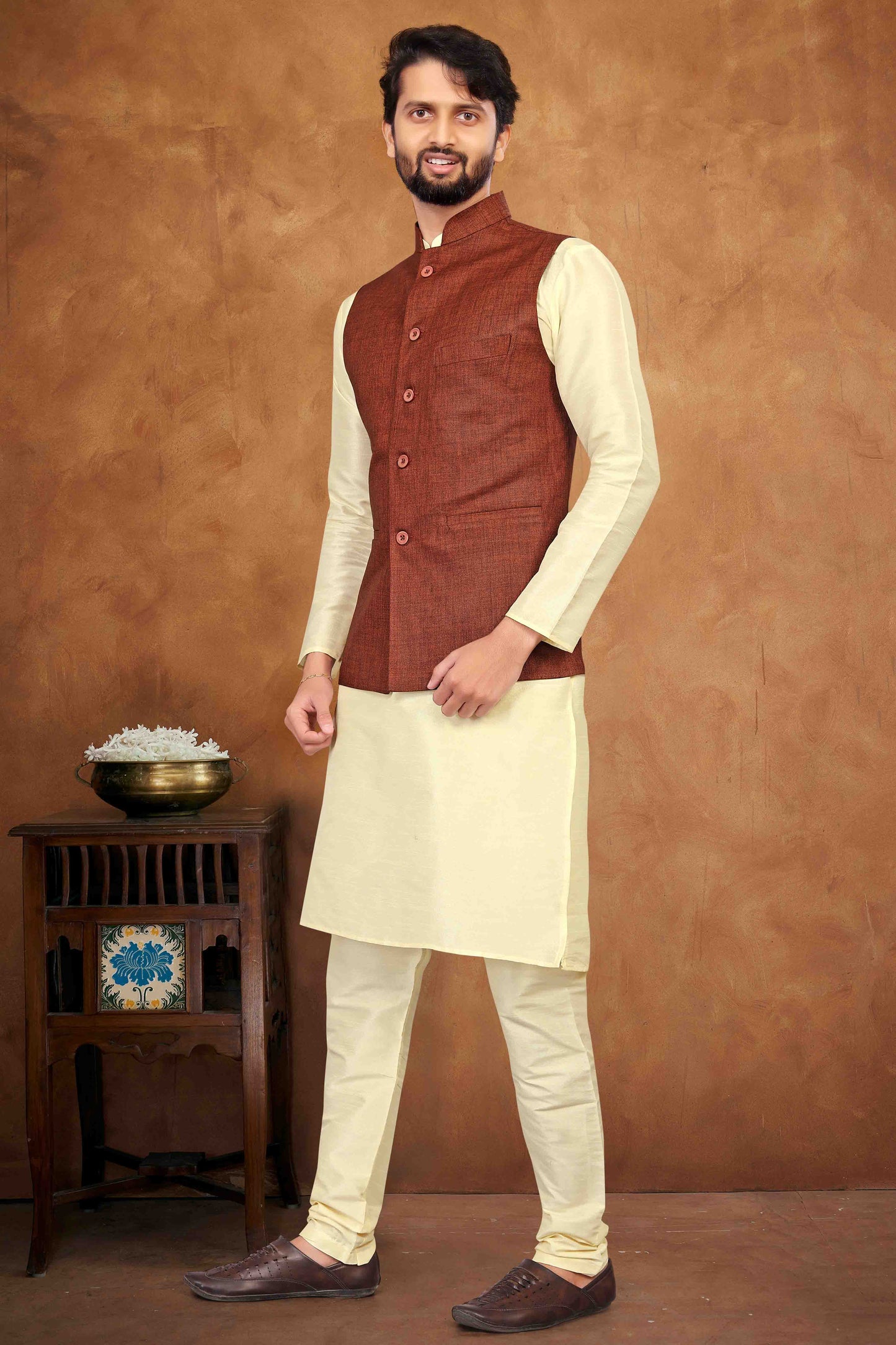 Cream Colour Kurta Pajama With Jacket In Silk VSKP1210457