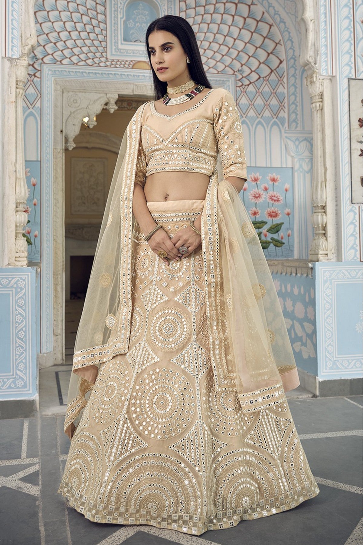 Cream Colour Organza Thread Work Lehenga Choli VSLC1080588