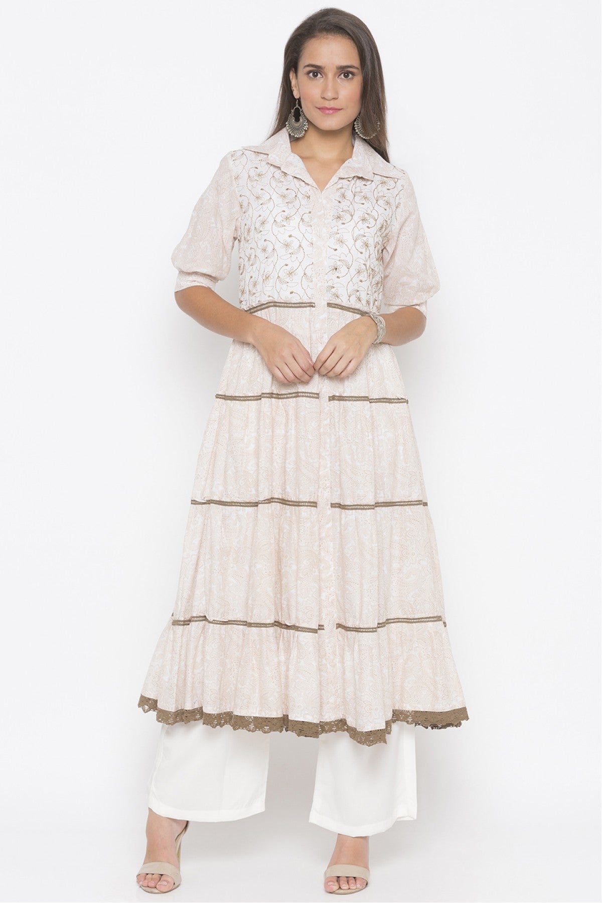 Cream Colour Plus Size Cotton Embroidery Kurti