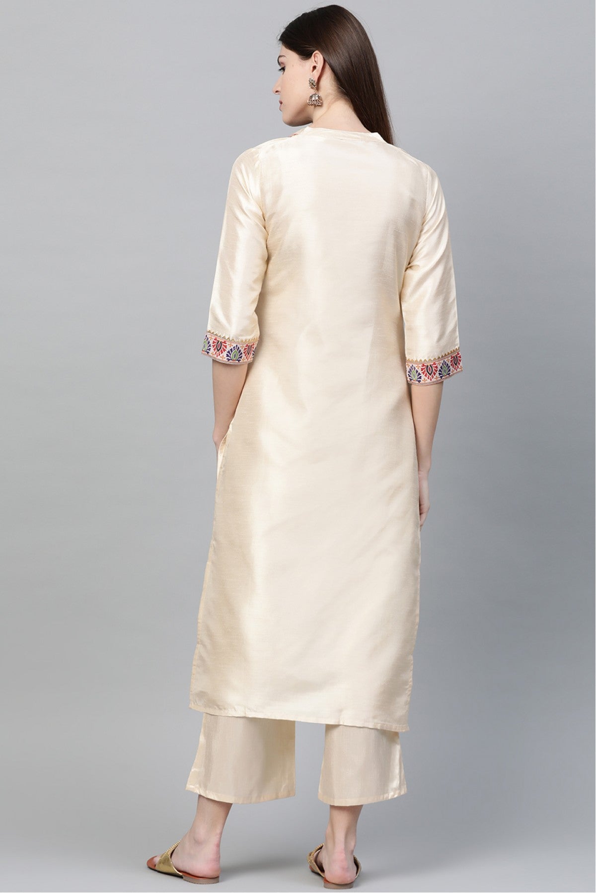 Cream Colour Plus Size Poly Silk Straight Kurta Palazzo Set VSKR1060013