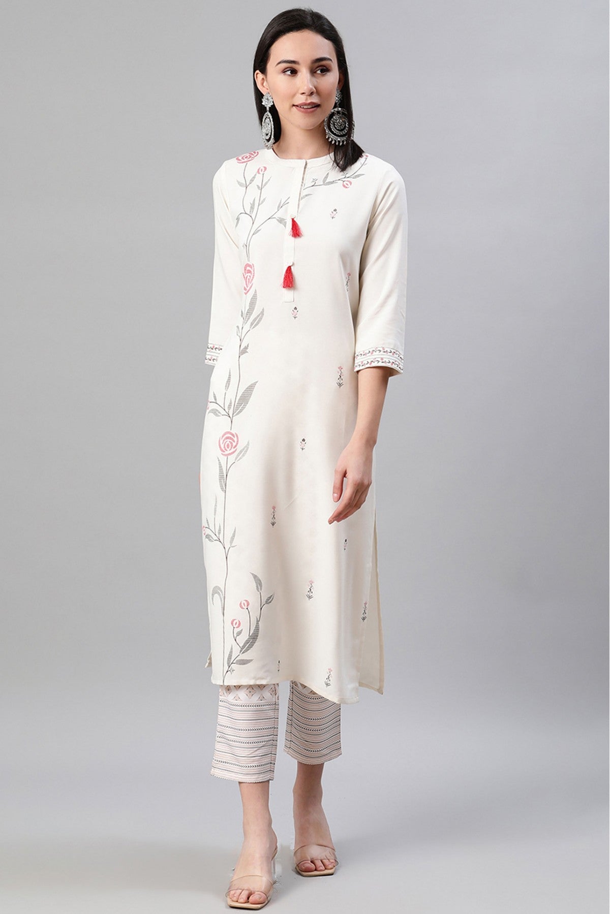 Cream Colour Plus Size Rayon Foil Print Kurti With Pant Set VSKR1060072