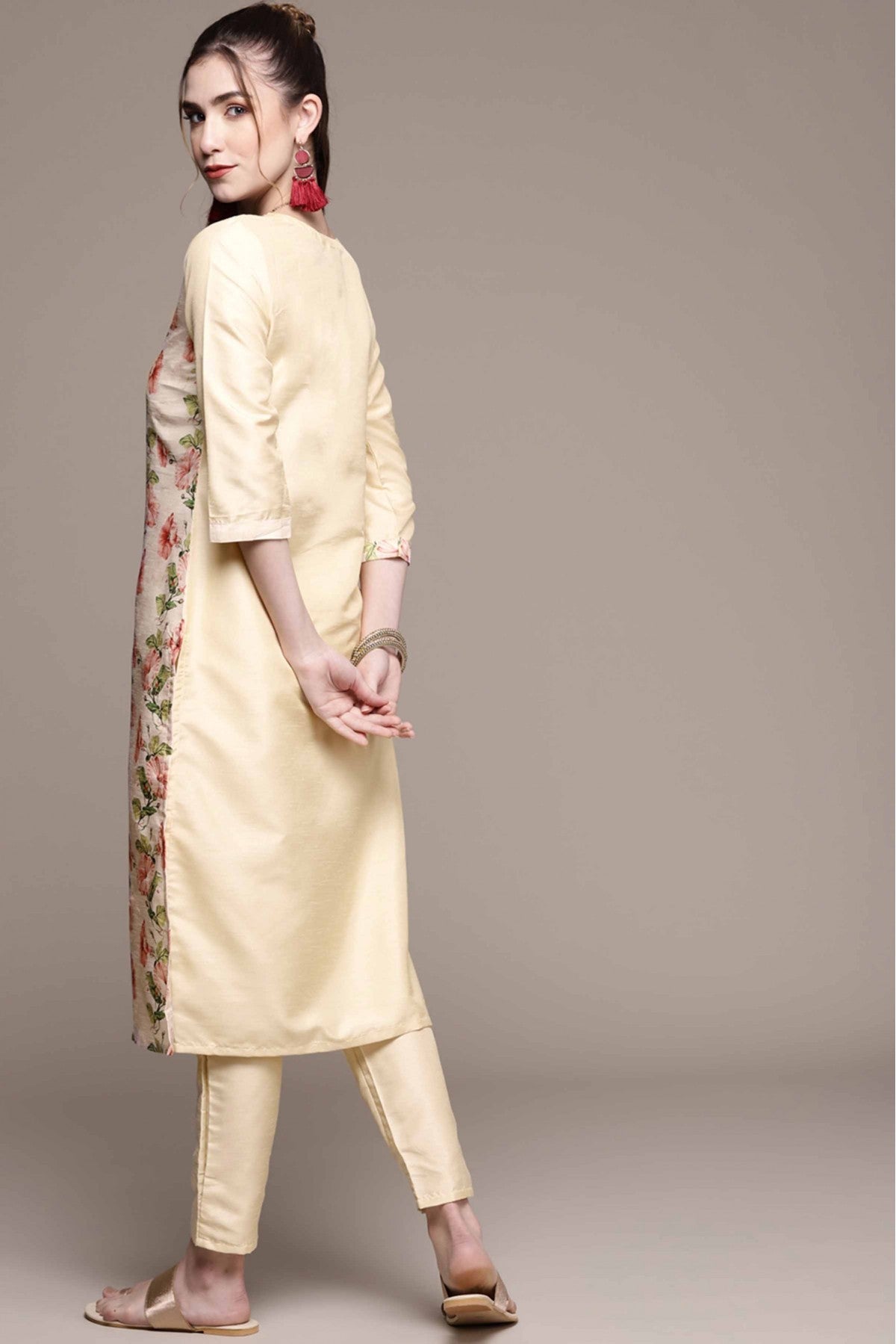 Cream Colour Poly Silk Digital Print Kurta With Pant VSKR1060152