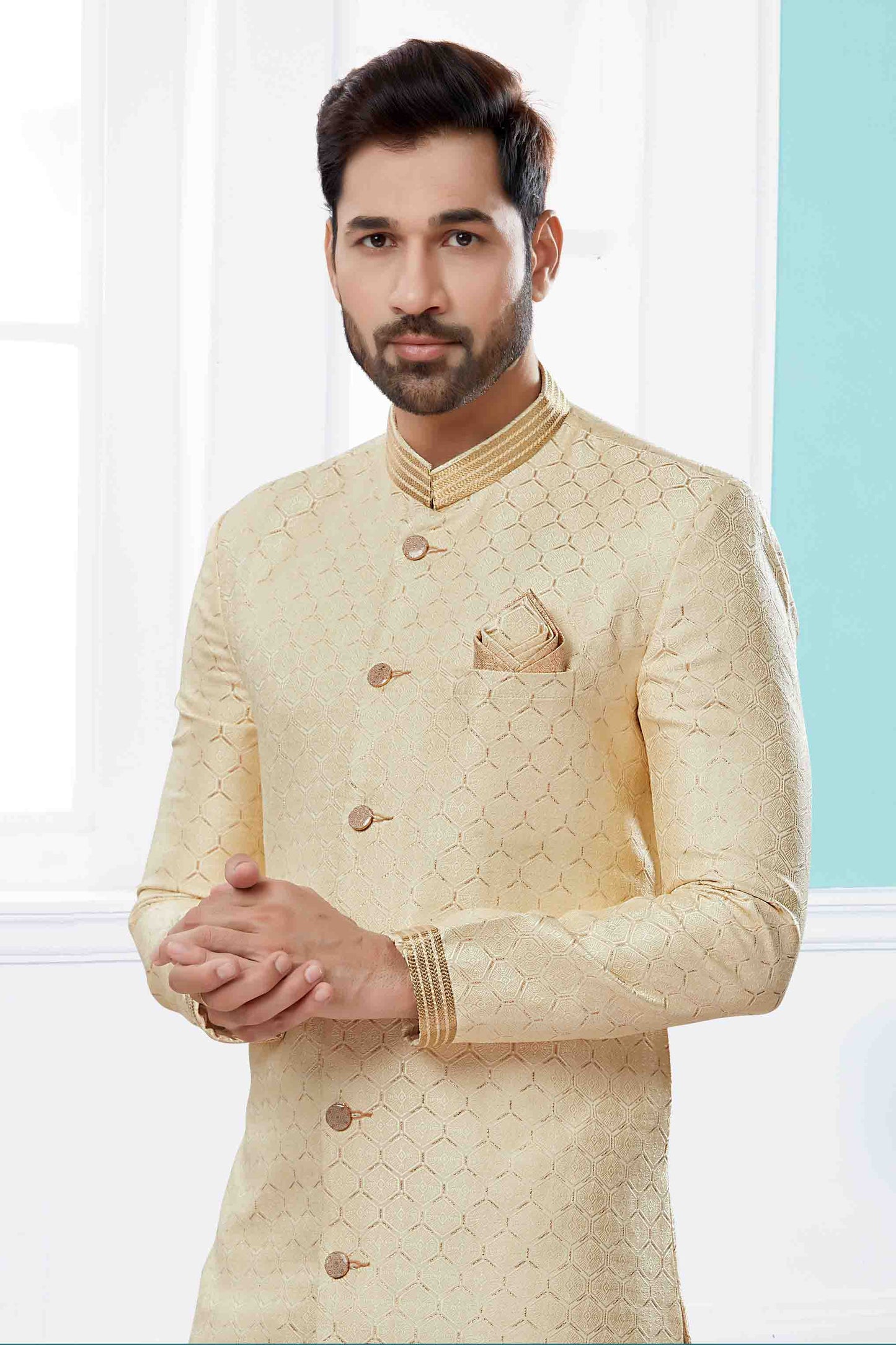 Cream Colour Sherwani In Banarasi Jacquard Fabric VSSH1040413