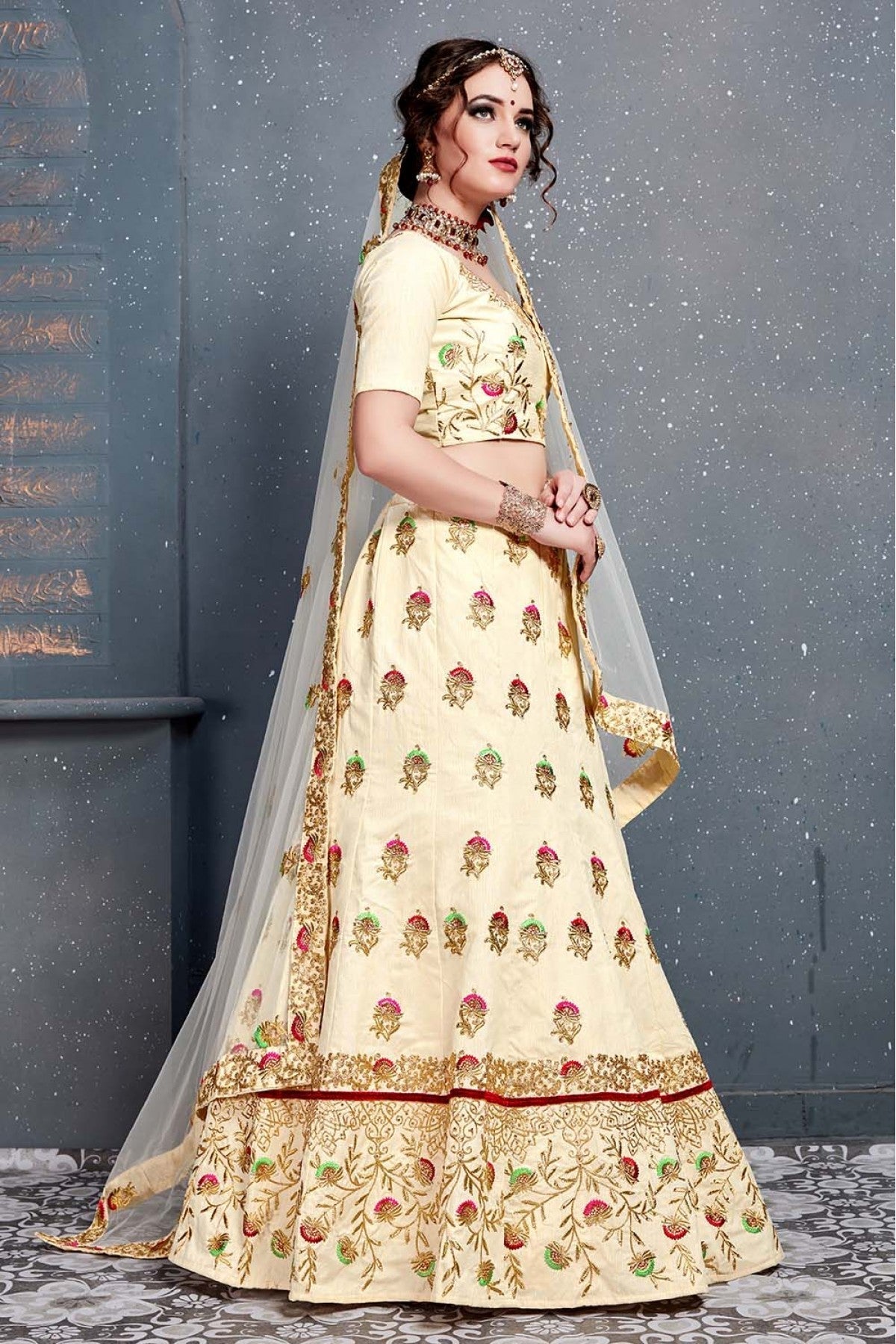Cream Colour Slub Silk Lehenga Choli VSLC1010037