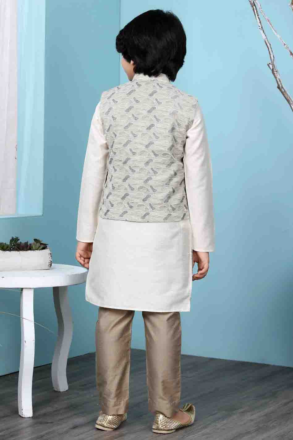 Cream and Beige Colour Cotton Silk Kurta Pajama With Jacket VSBW1070115